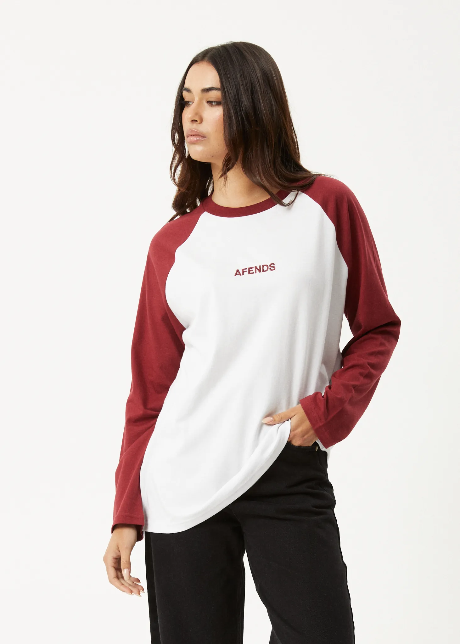 AFENDS Womens Ryan - Oversized Long Sleeve Raglan Tee - Burgundy sold by Afends