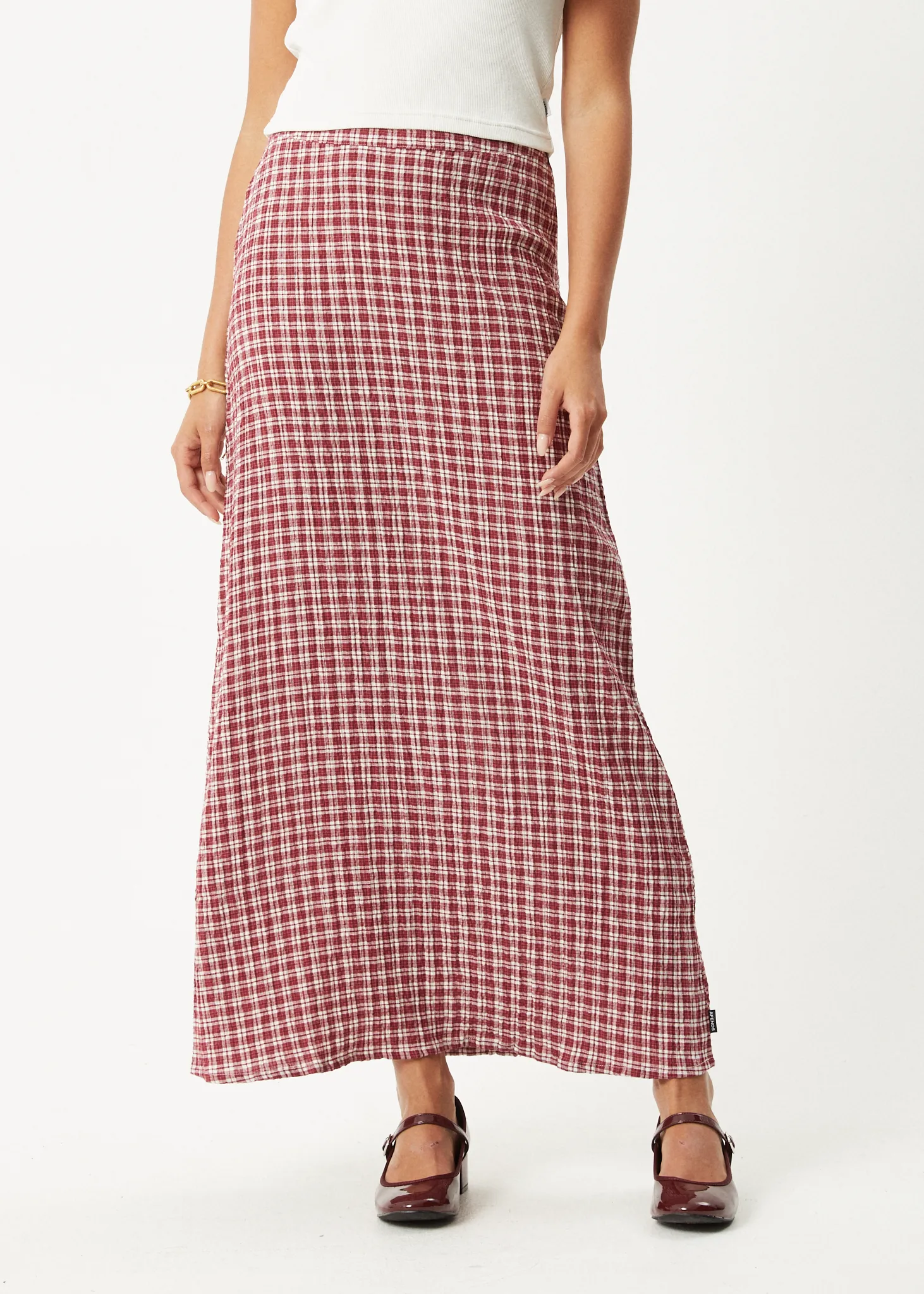 AFENDS Womens Base - Seersucker Maxi Skirt - Burgundy Check sold by Afends product image thumbnail 3