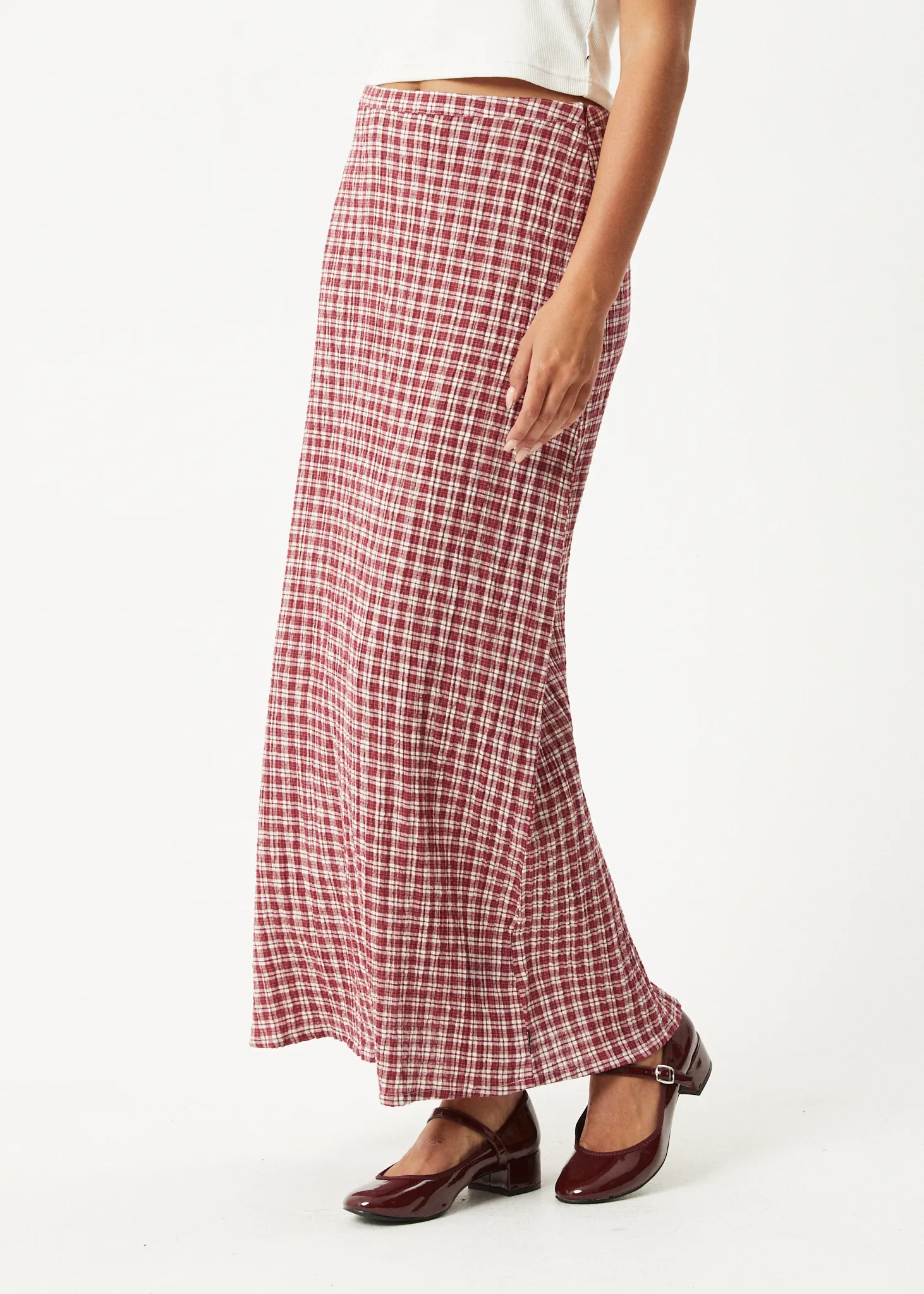 AFENDS Womens Base - Seersucker Maxi Skirt - Burgundy Check sold by Afends product image thumbnail 4