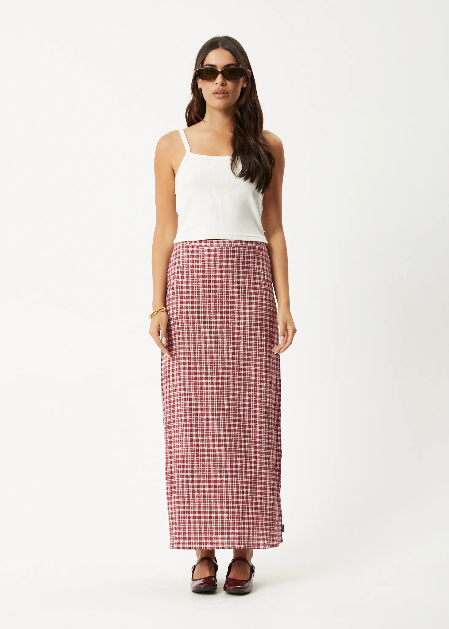 AFENDS Womens Base - Seersucker Maxi Skirt - Burgundy Check sold by Afends