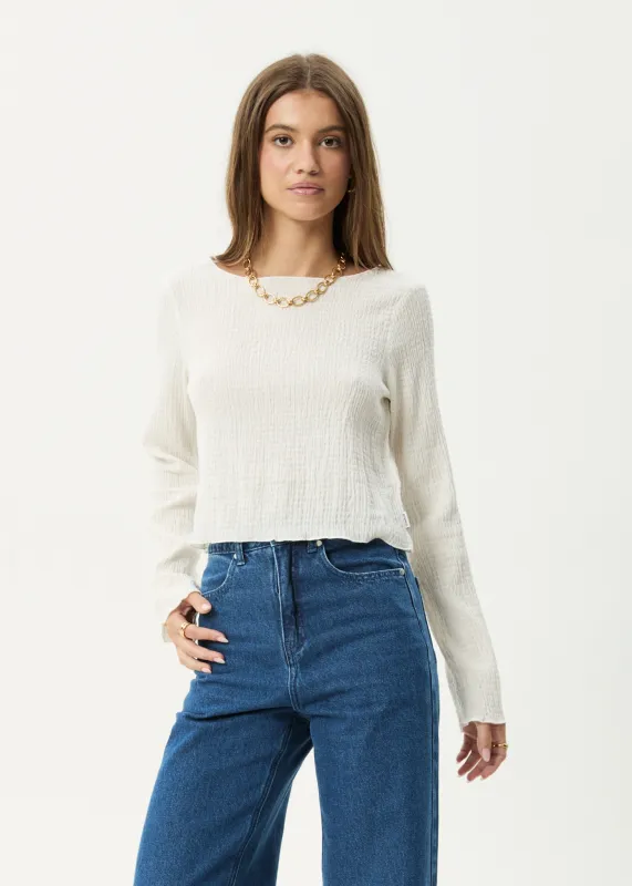 AFENDS Womens Focus - Seersucker Long Sleeve Top - Off White sold by Afends