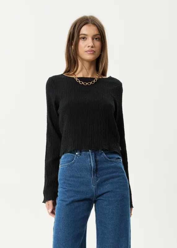 AFENDS Womens Focus - Seersucker Long Sleeve Top - Black sold by Afends