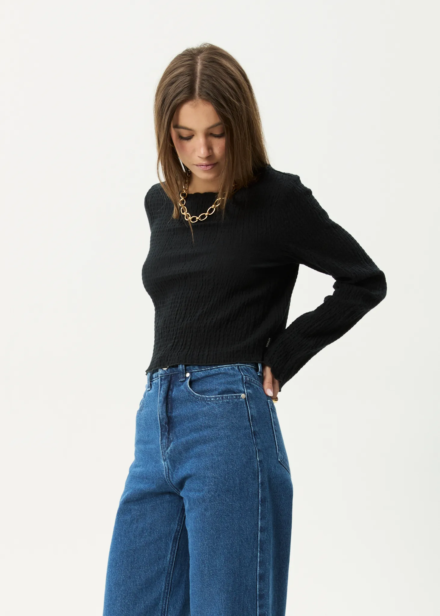 AFENDS Womens Focus - Seersucker Long Sleeve Top - Black sold by Afends product image thumbnail 2