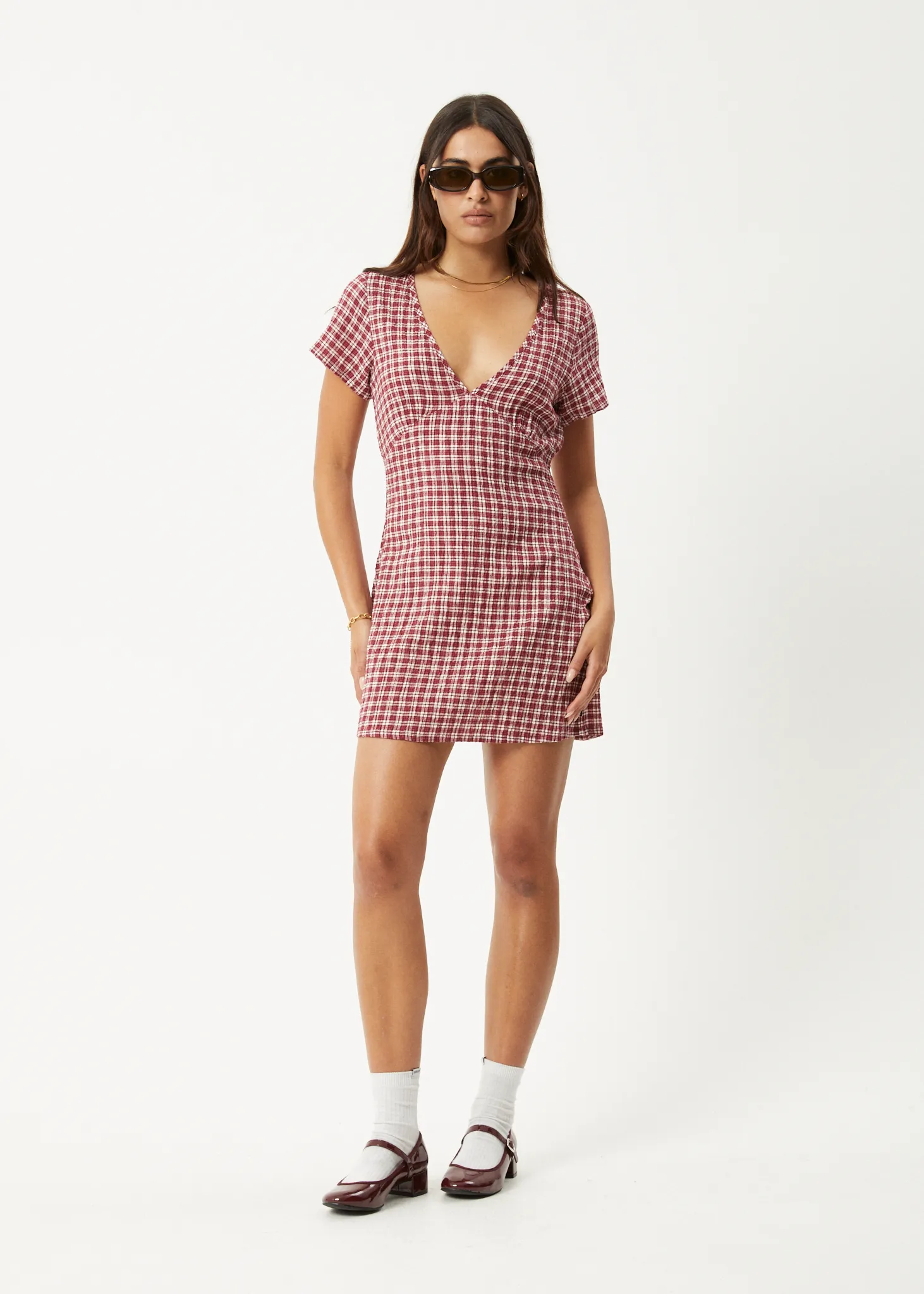 AFENDS Womens Base - Seersucker Mini Dress - Burgundy Check sold by Afends product image thumbnail 2