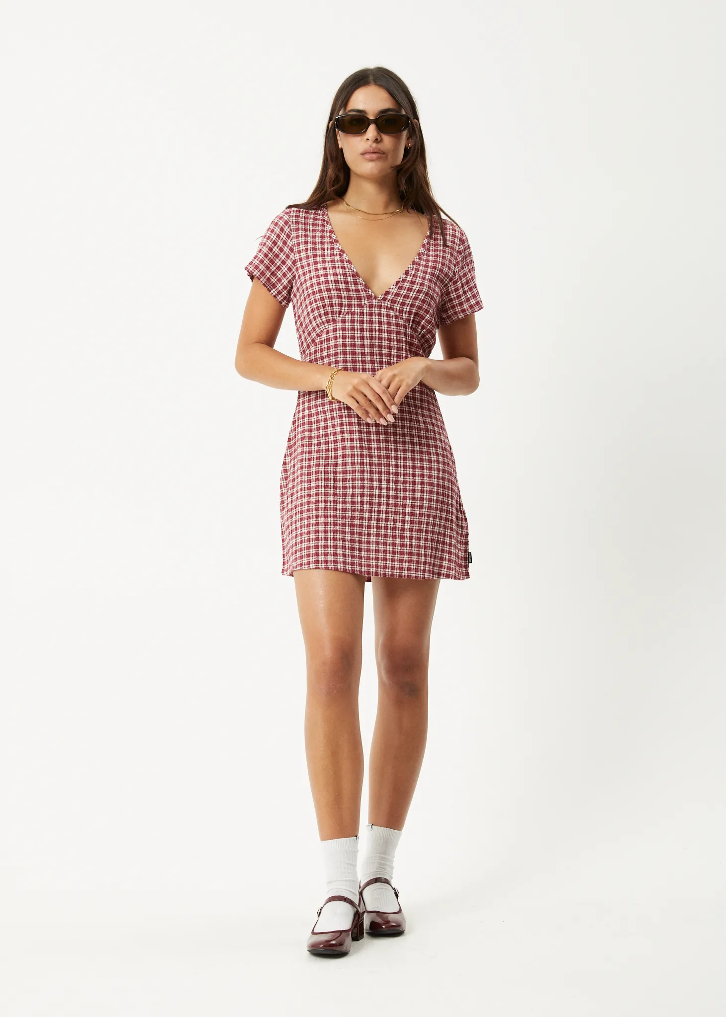 AFENDS Womens Base - Seersucker Mini Dress - Burgundy Check sold by Afends