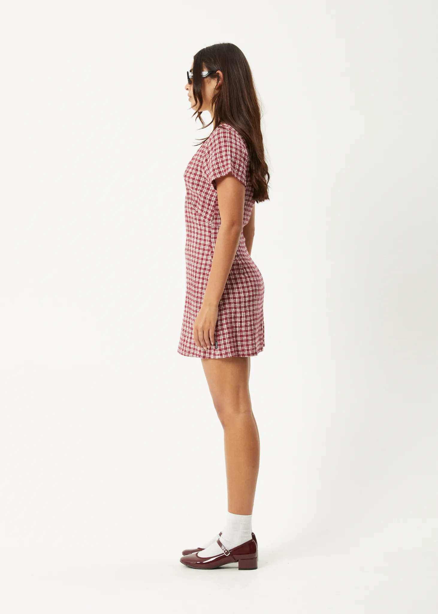 AFENDS Womens Base - Seersucker Mini Dress - Burgundy Check sold by Afends product image thumbnail 4