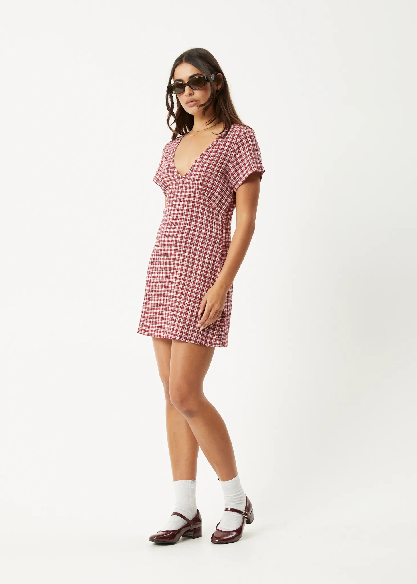 AFENDS Womens Base - Seersucker Mini Dress - Burgundy Check sold by Afends product image thumbnail 3