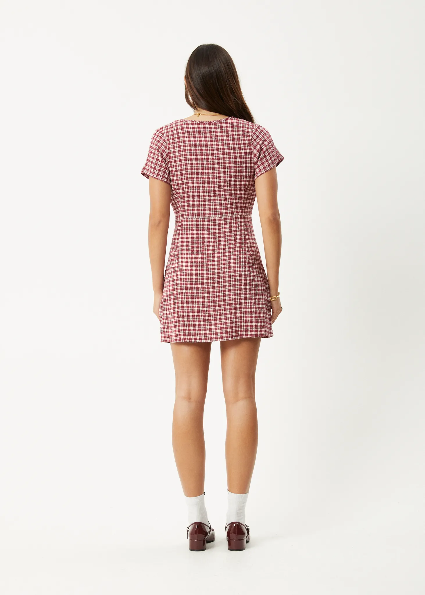 AFENDS Womens Base - Seersucker Mini Dress - Burgundy Check sold by Afends product image thumbnail 5
