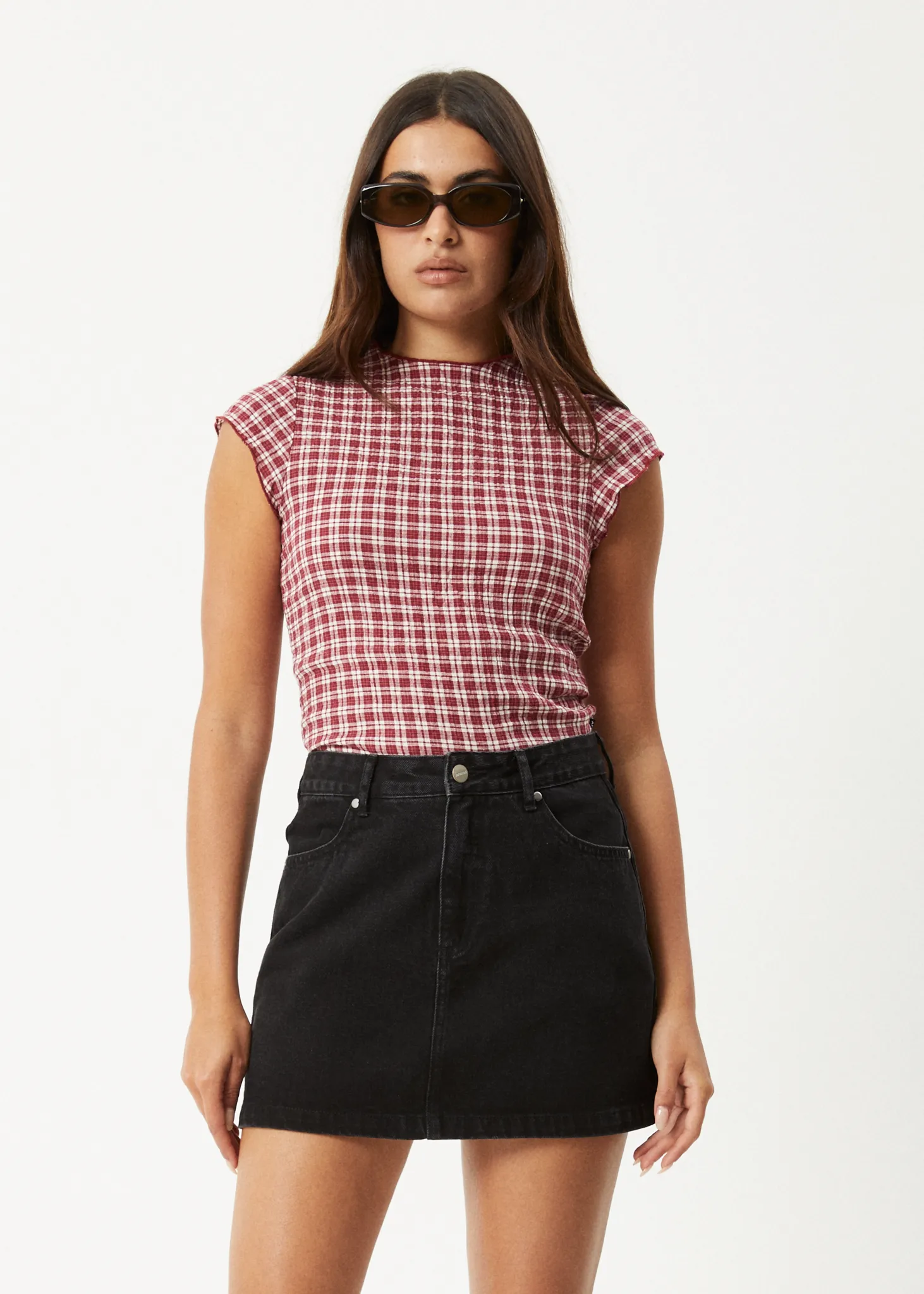 AFENDS Womens Base - Seersucker Mock Neck Top - Burgundy Check sold by Afends
