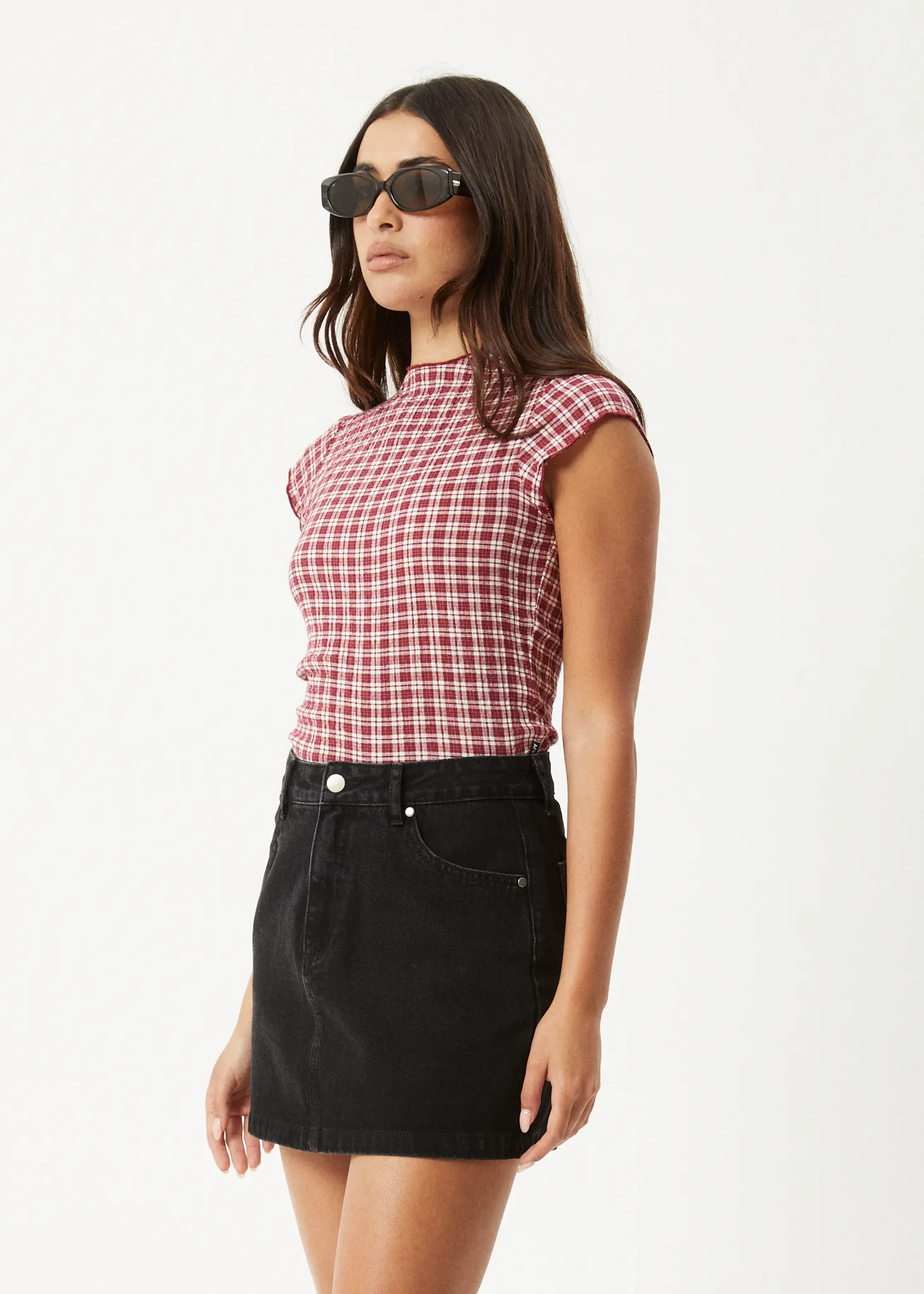 AFENDS Womens Base - Seersucker Mock Neck Top - Burgundy Check sold by Afends product image thumbnail 3