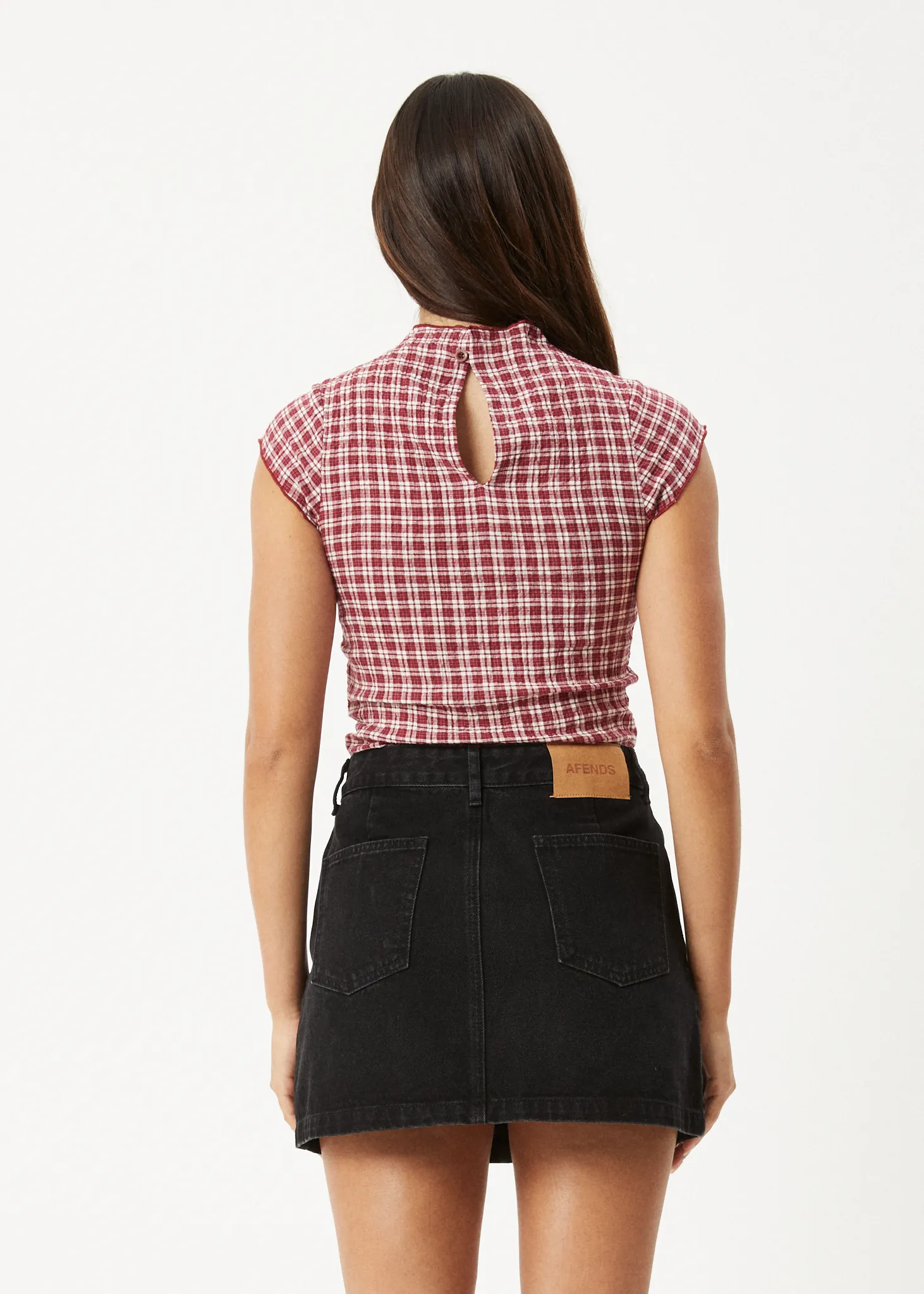 AFENDS Womens Base - Seersucker Mock Neck Top - Burgundy Check sold by Afends product image thumbnail 5