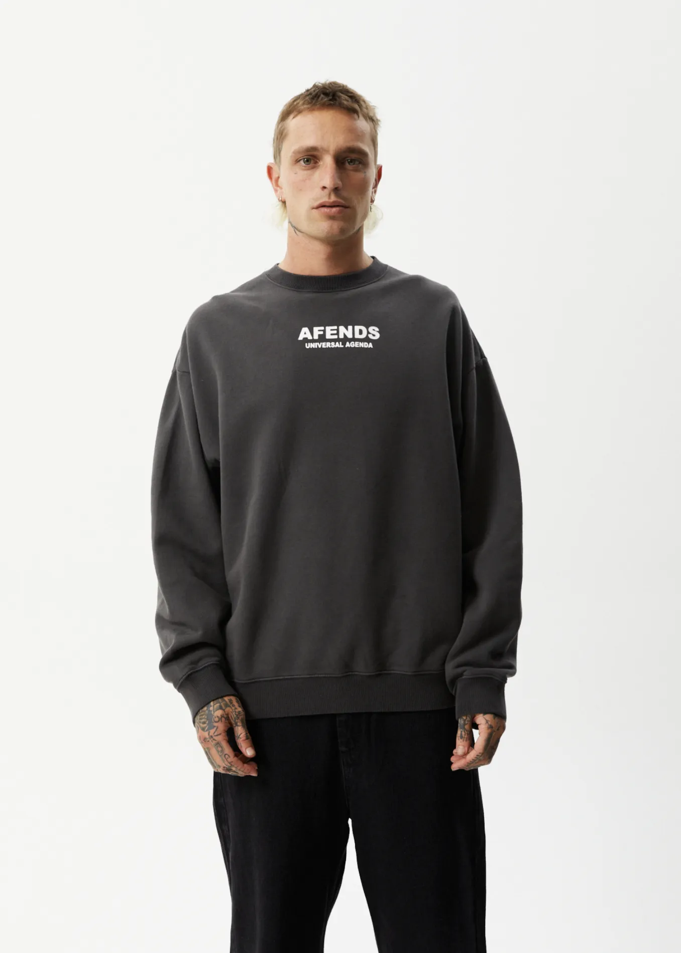 AFENDS Mens Universal - Crew Neck Jumper - Stone Black sold by Afends