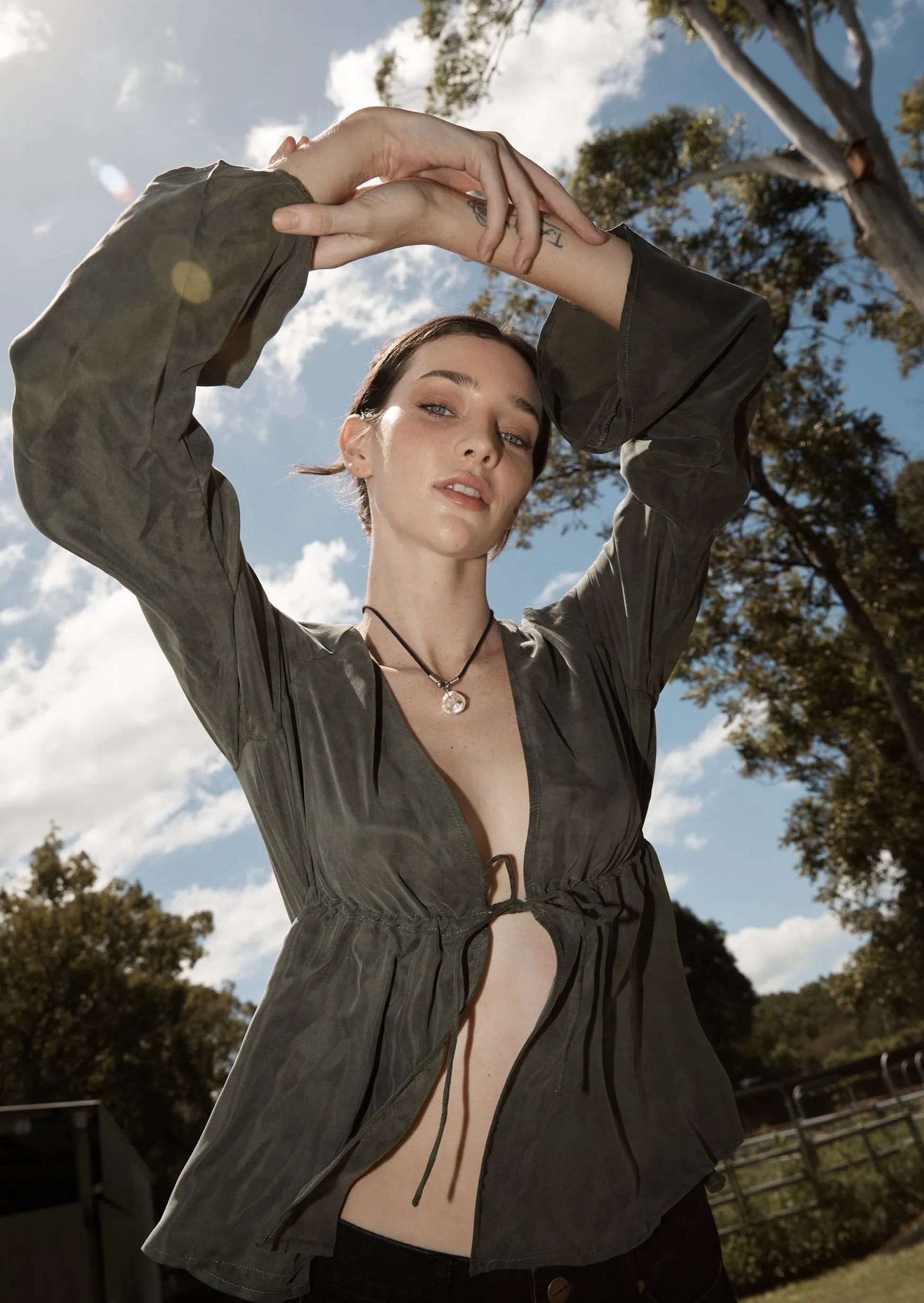 AFENDS Womens Grace - Cupro Tie Blouse - Deep Green sold by Afends product image thumbnail 2