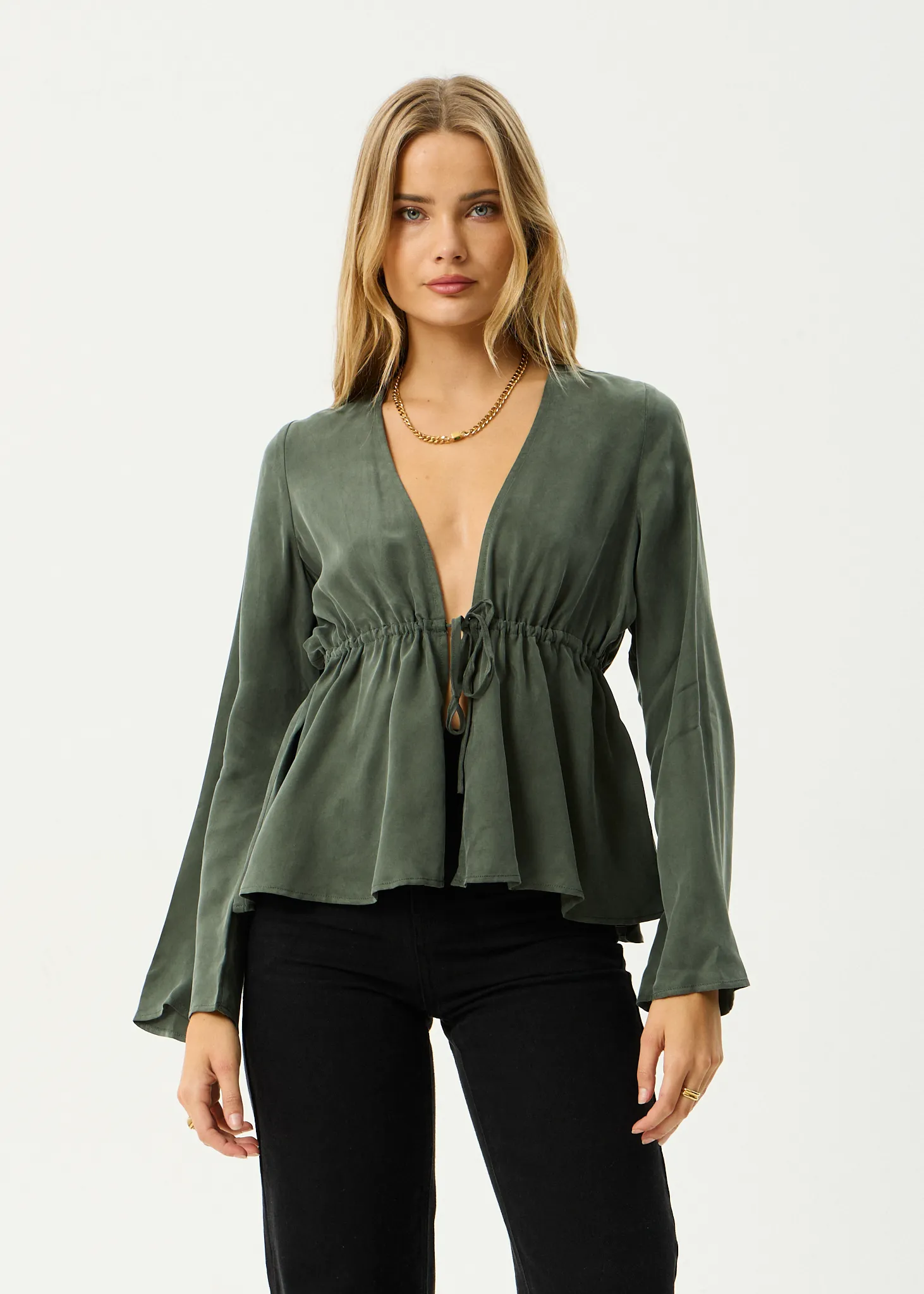 AFENDS Womens Grace - Cupro Tie Blouse - Deep Green sold by Afends