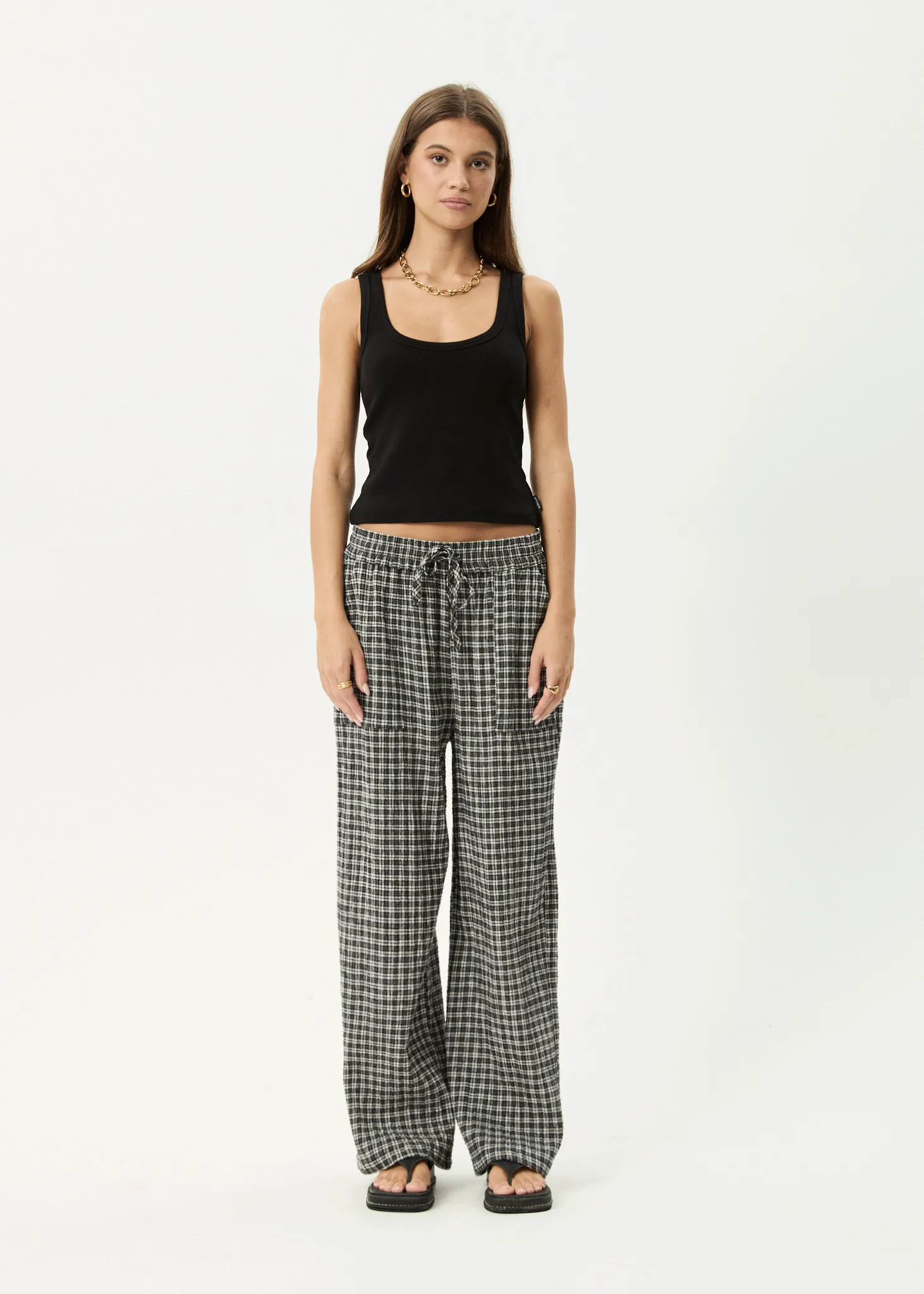 AFENDS Womens Asta - Seersucker Wide Leg Pant - Steel Check sold by Afends