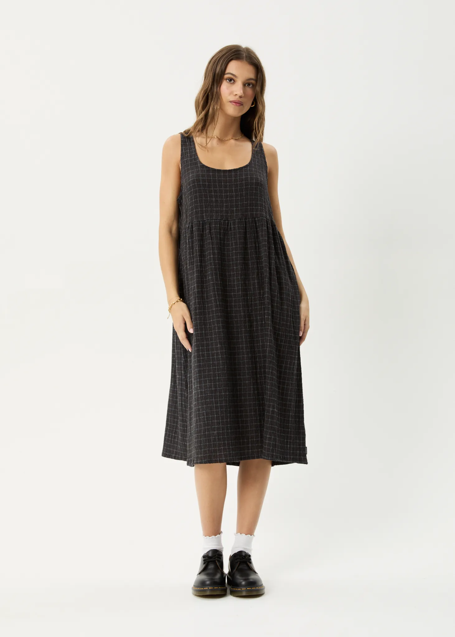 AFENDS Womens Dusk - Seersucker Check Midi Dress - Black Check sold by Afends
