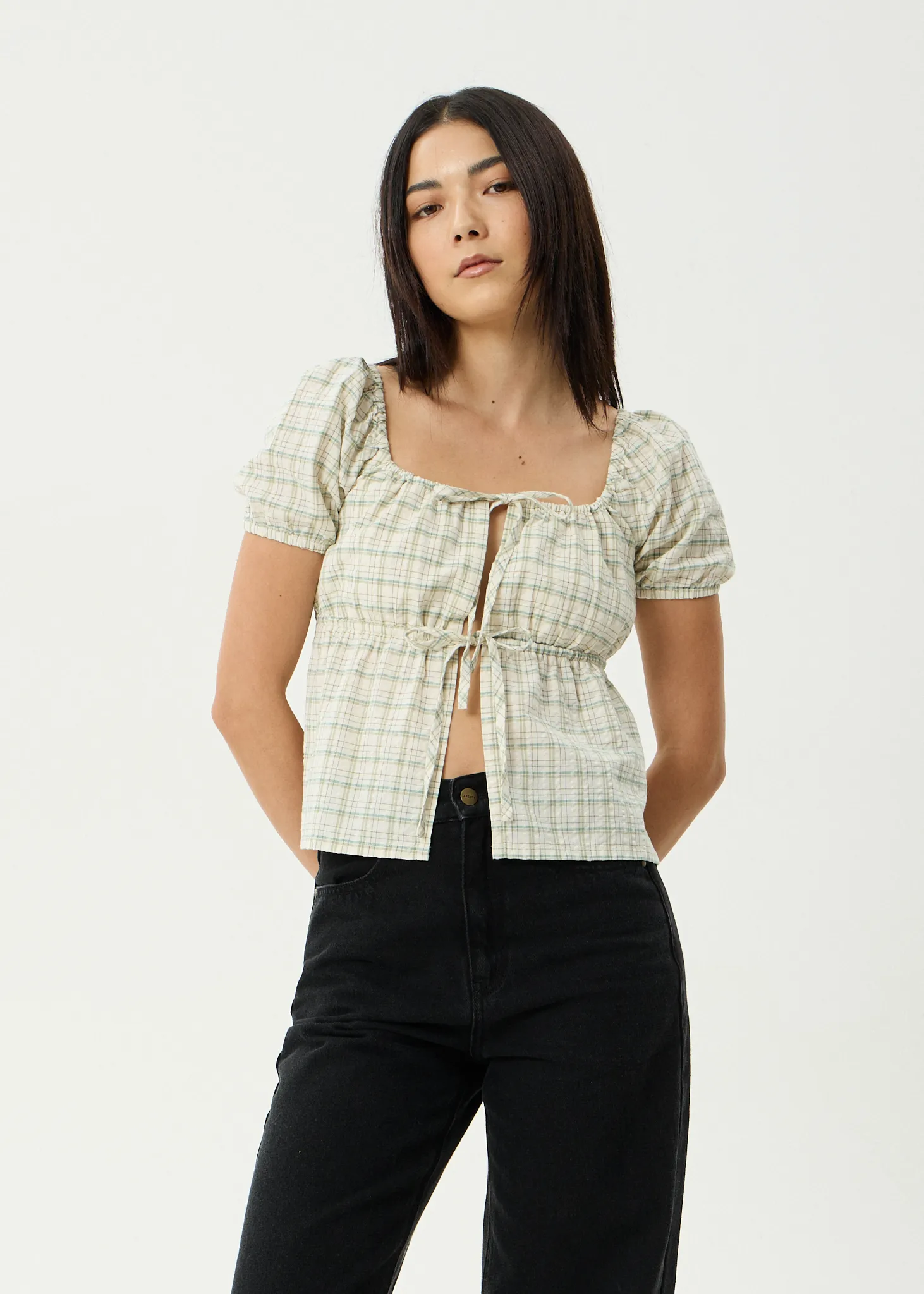 AFENDS Womens Legacy - Seersucker Tie Front Top - Boa Check sold by Afends