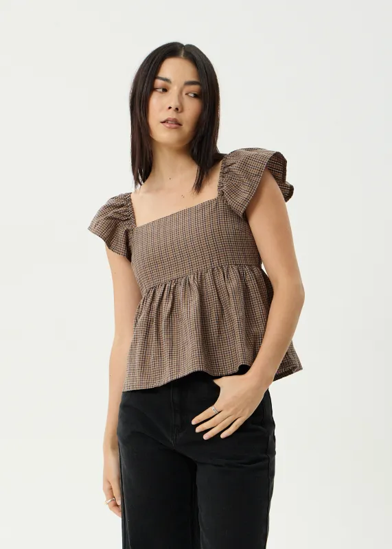 AFENDS Womens Hometown - Check Top - Coffee made by Afends