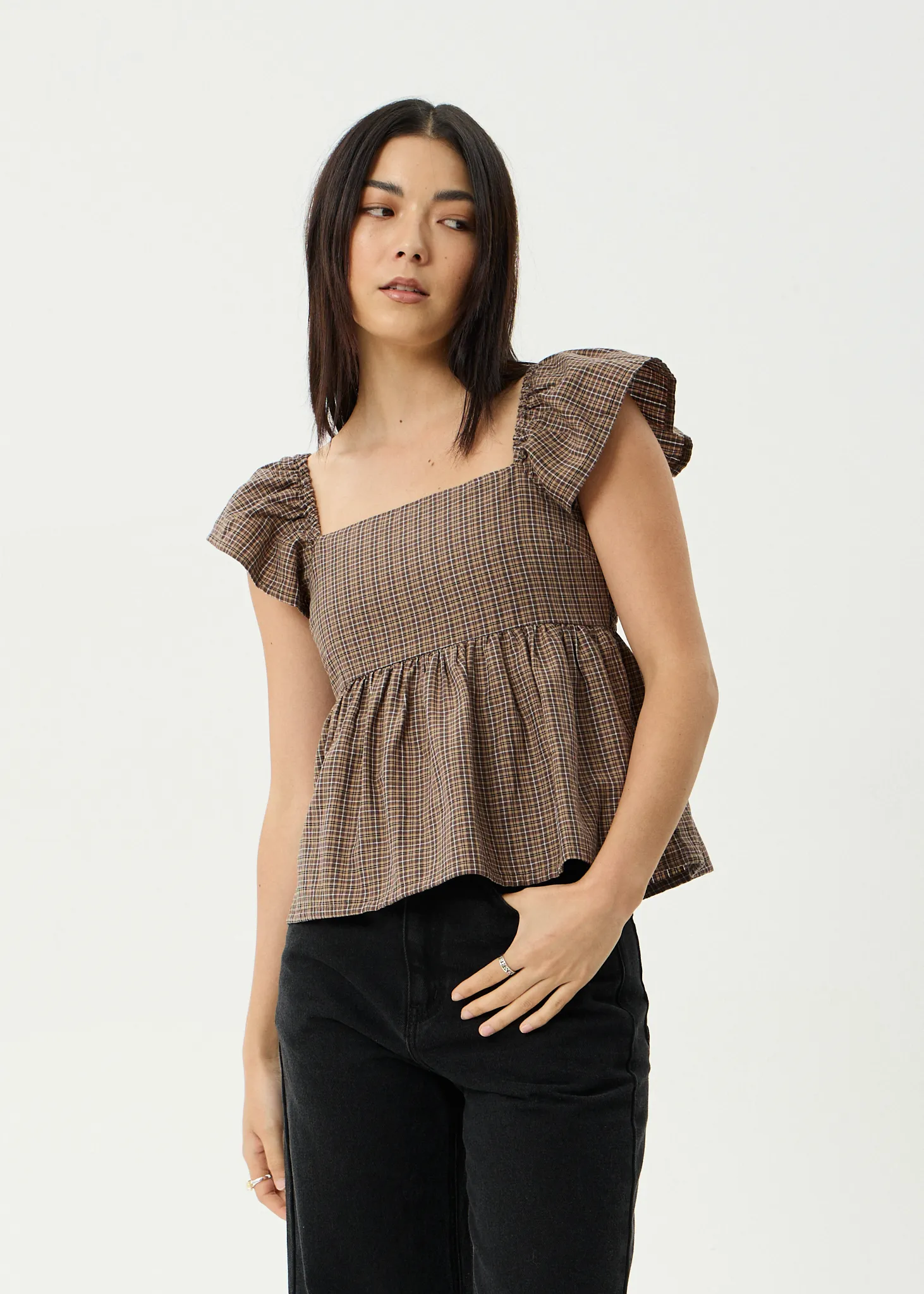 AFENDS Womens Hometown - Check Top - Coffee sold by Afends