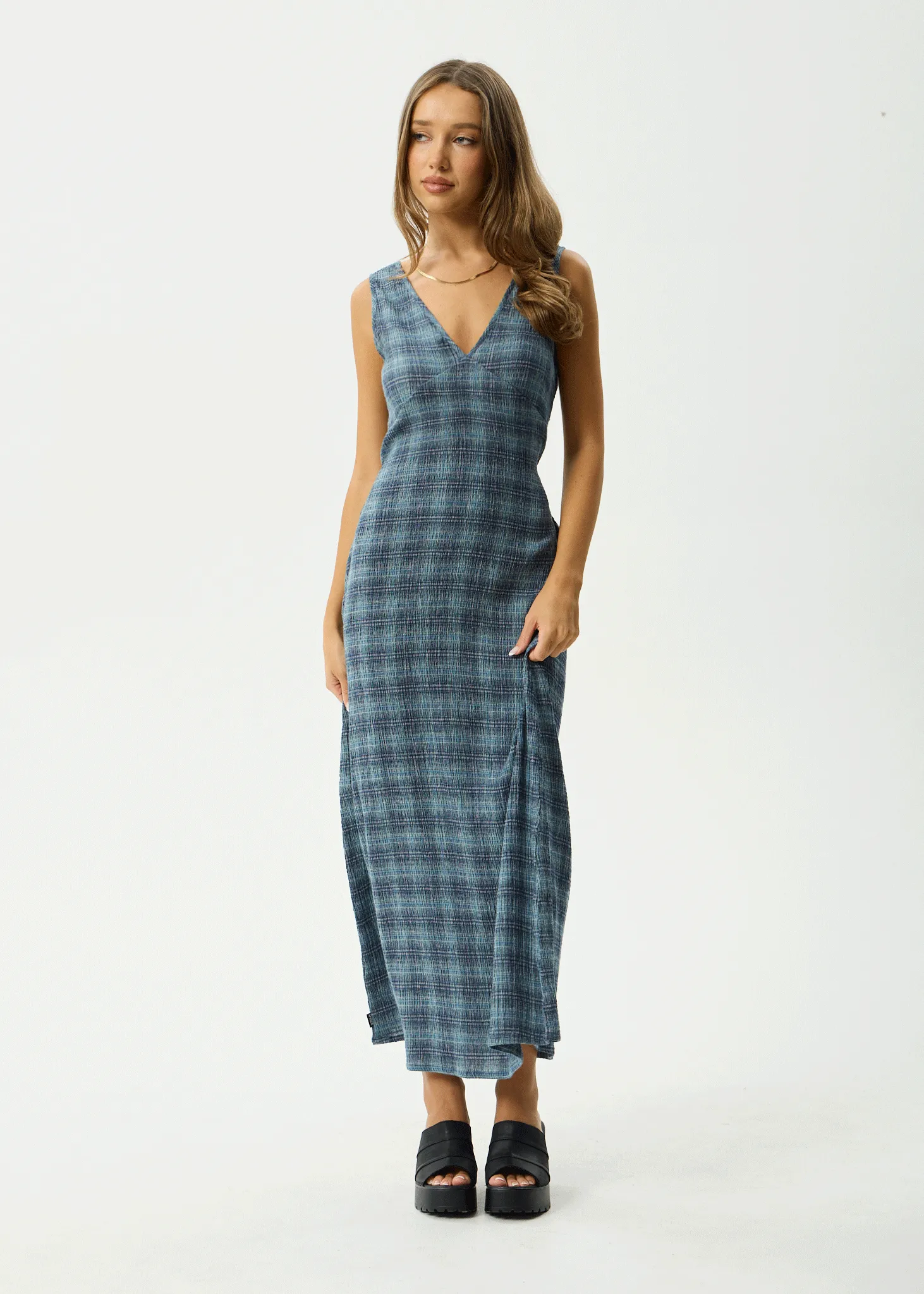 AFENDS Womens Position - Seersucker Check Maxi Dress - Navy Check sold by Afends
