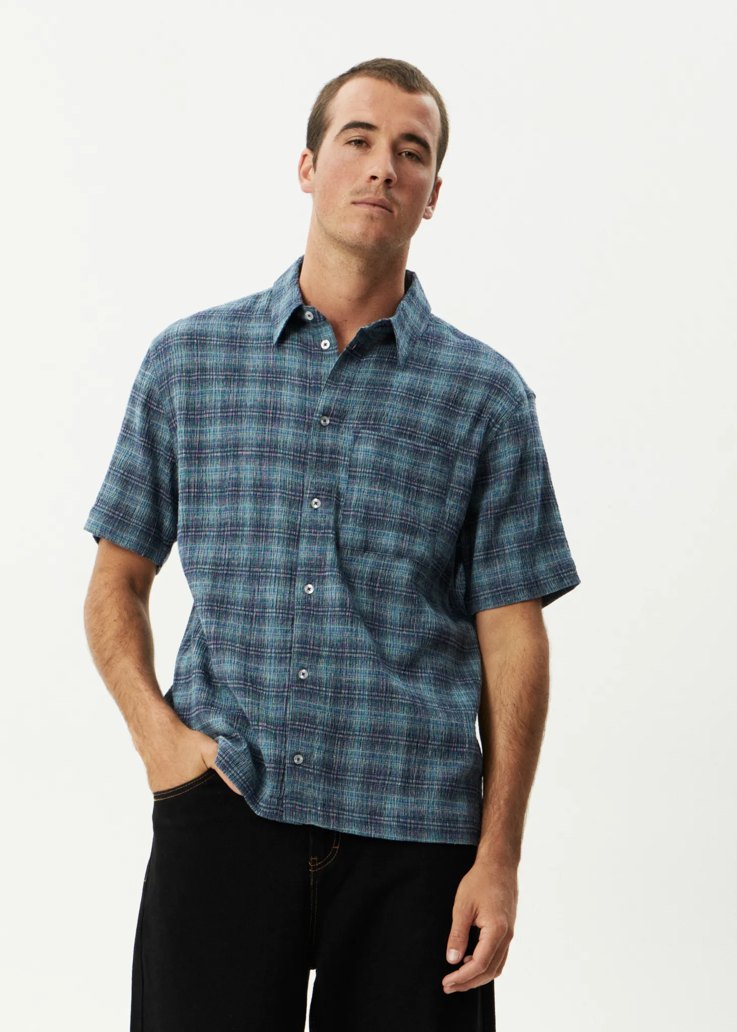 AFENDS Mens Position - Seersucker Short Sleeve Shirt - Navy Check sold by Afends product image thumbnail 5