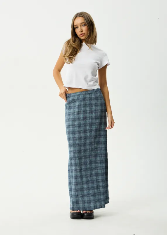AFENDS Womens Position - Seersucker Maxi Skirt - Navy Check sold by Afends