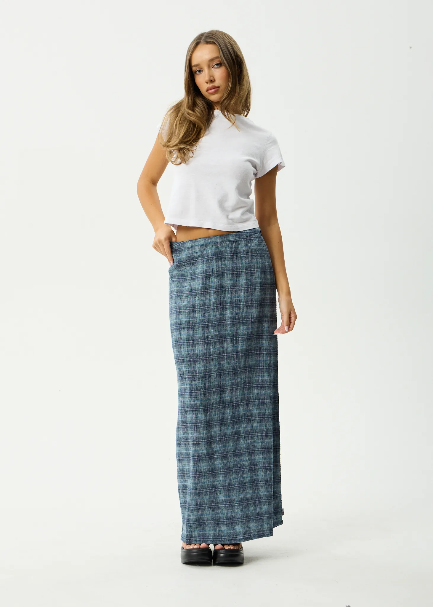 AFENDS Womens Position - Seersucker Maxi Skirt - Navy Check sold by Afends