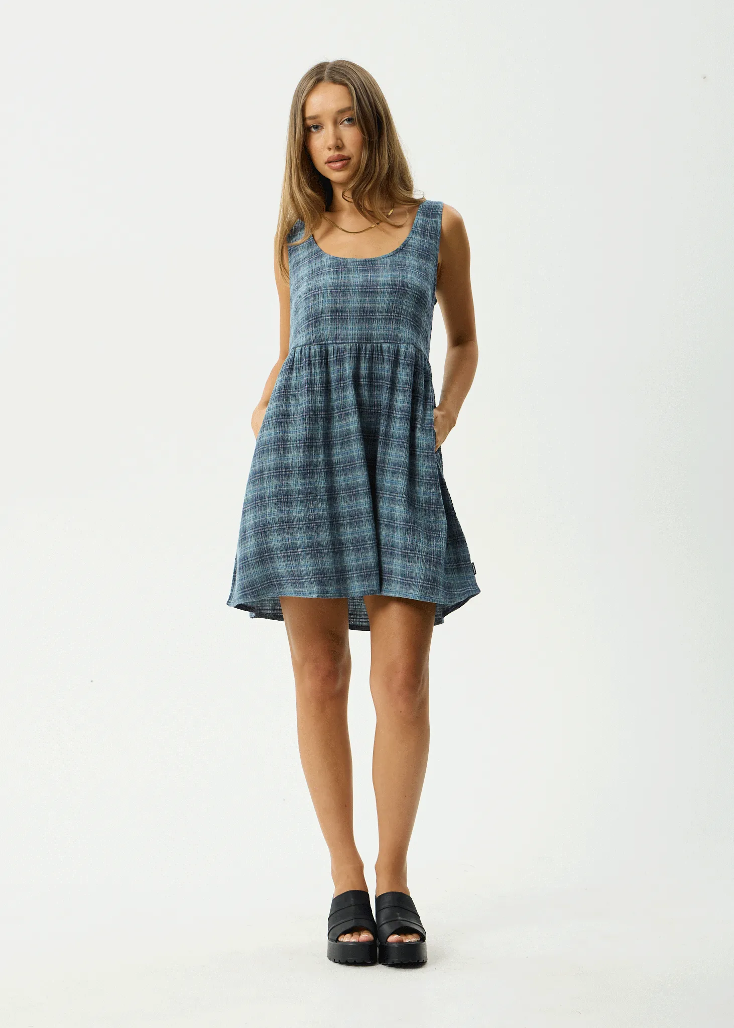 AFENDS Womens Position Jesse - Seersucker Mini Dress - Navy Check sold by Afends