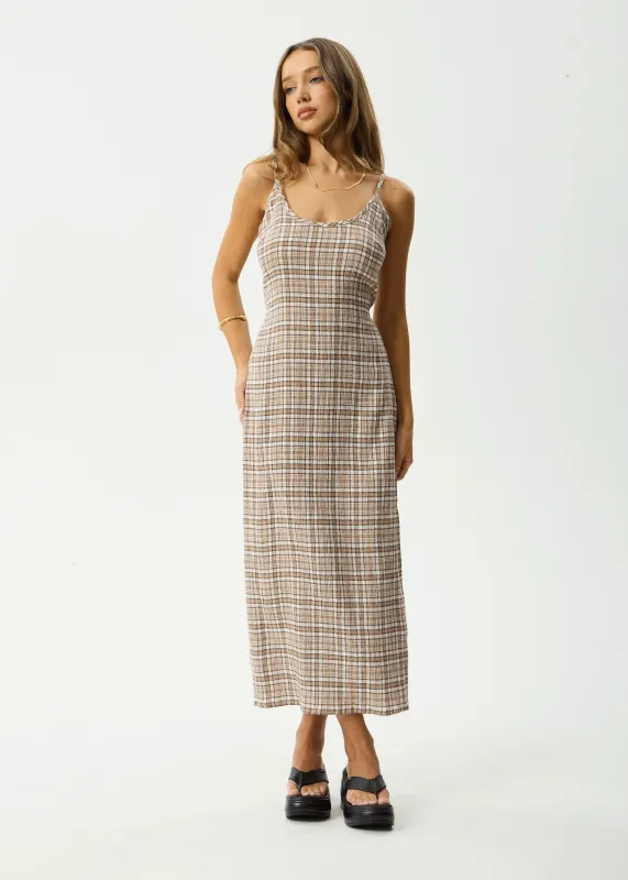 AFENDS Womens Flight Rumi - Seersucker Check Dress - Chai Check sold by Afends