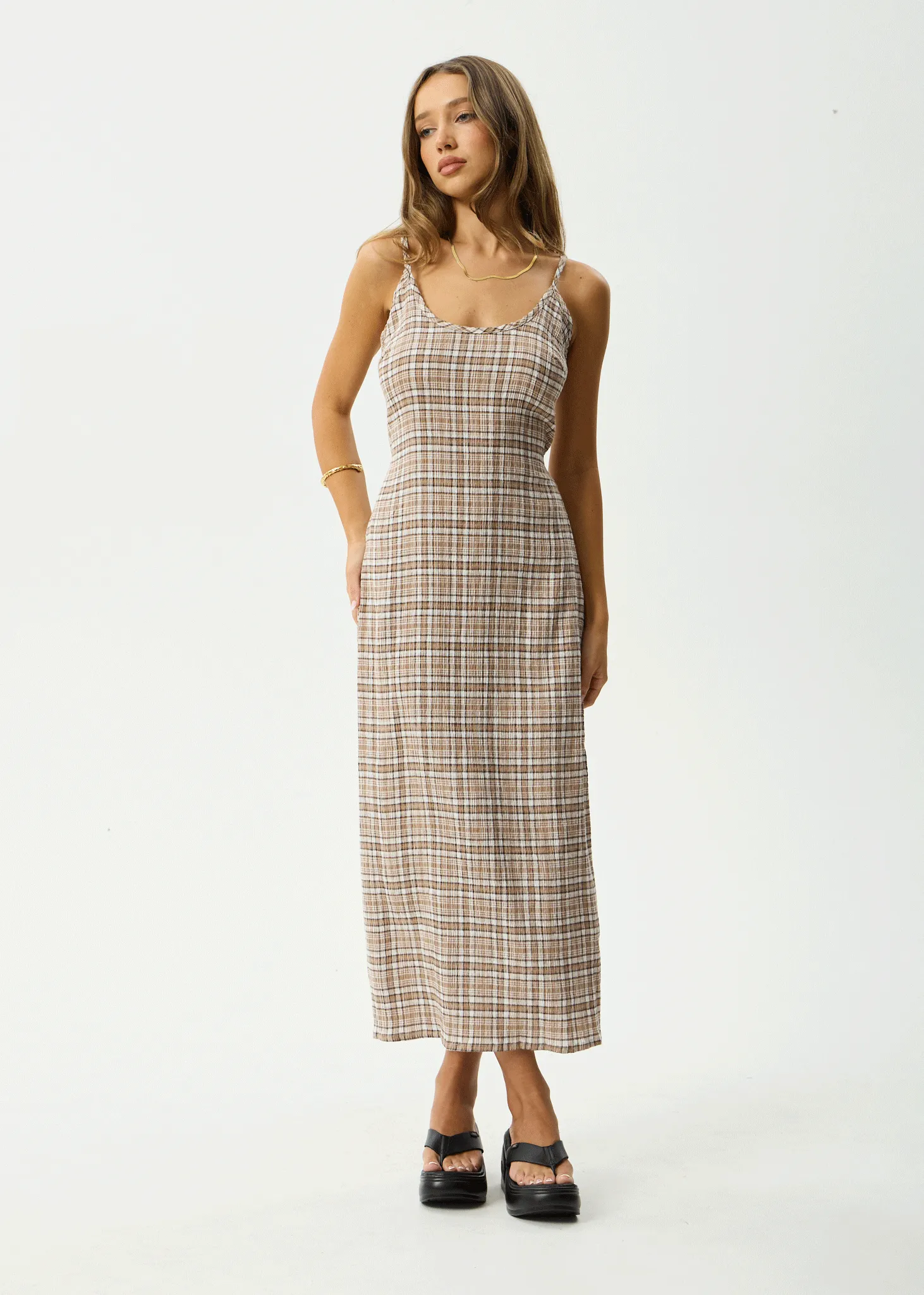 AFENDS Womens Rumi - Seersucker Midi Dress - Chai Check sold by Afends