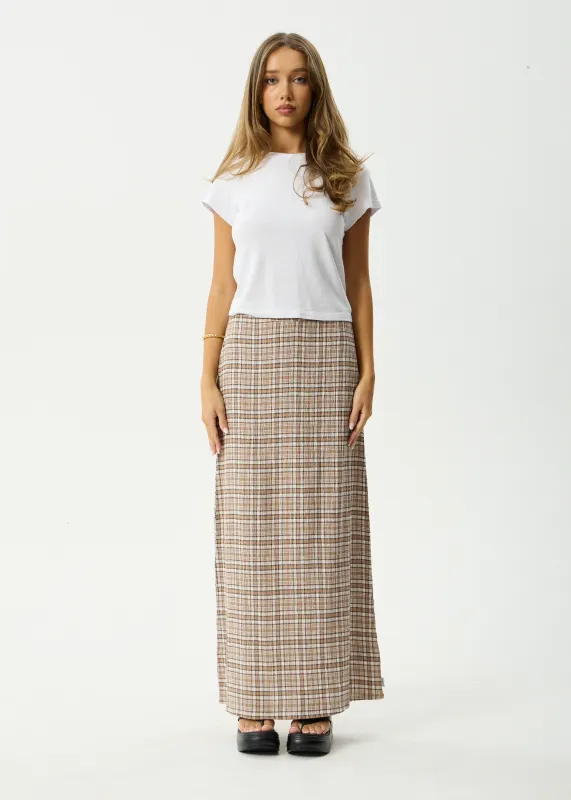 AFENDS Womens Flight - Seersucker Maxi Skirt - Chai Check sold by Afends