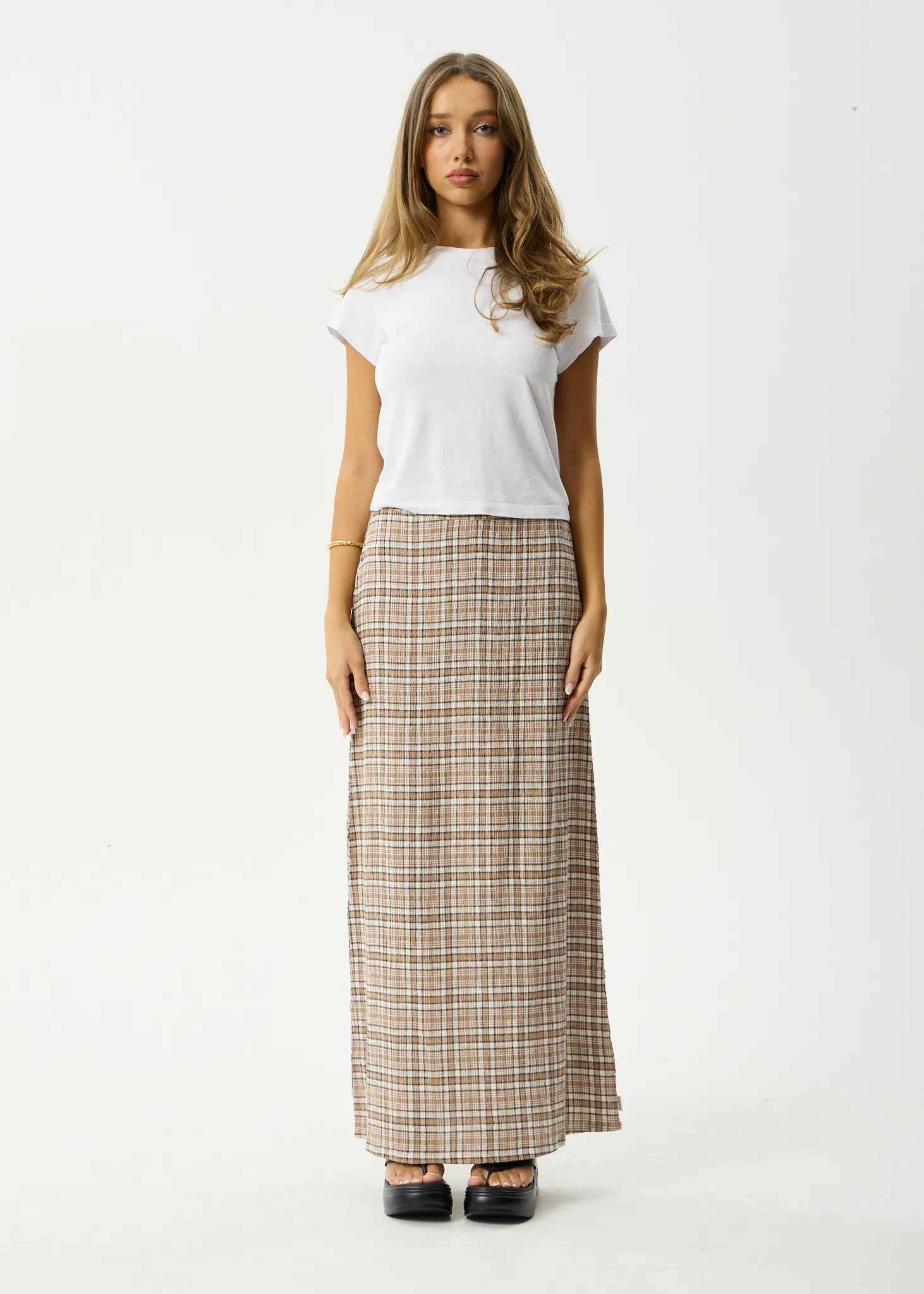 AFENDS Womens Flight - Seersucker Maxi Skirt - Chai Check sold by Afends