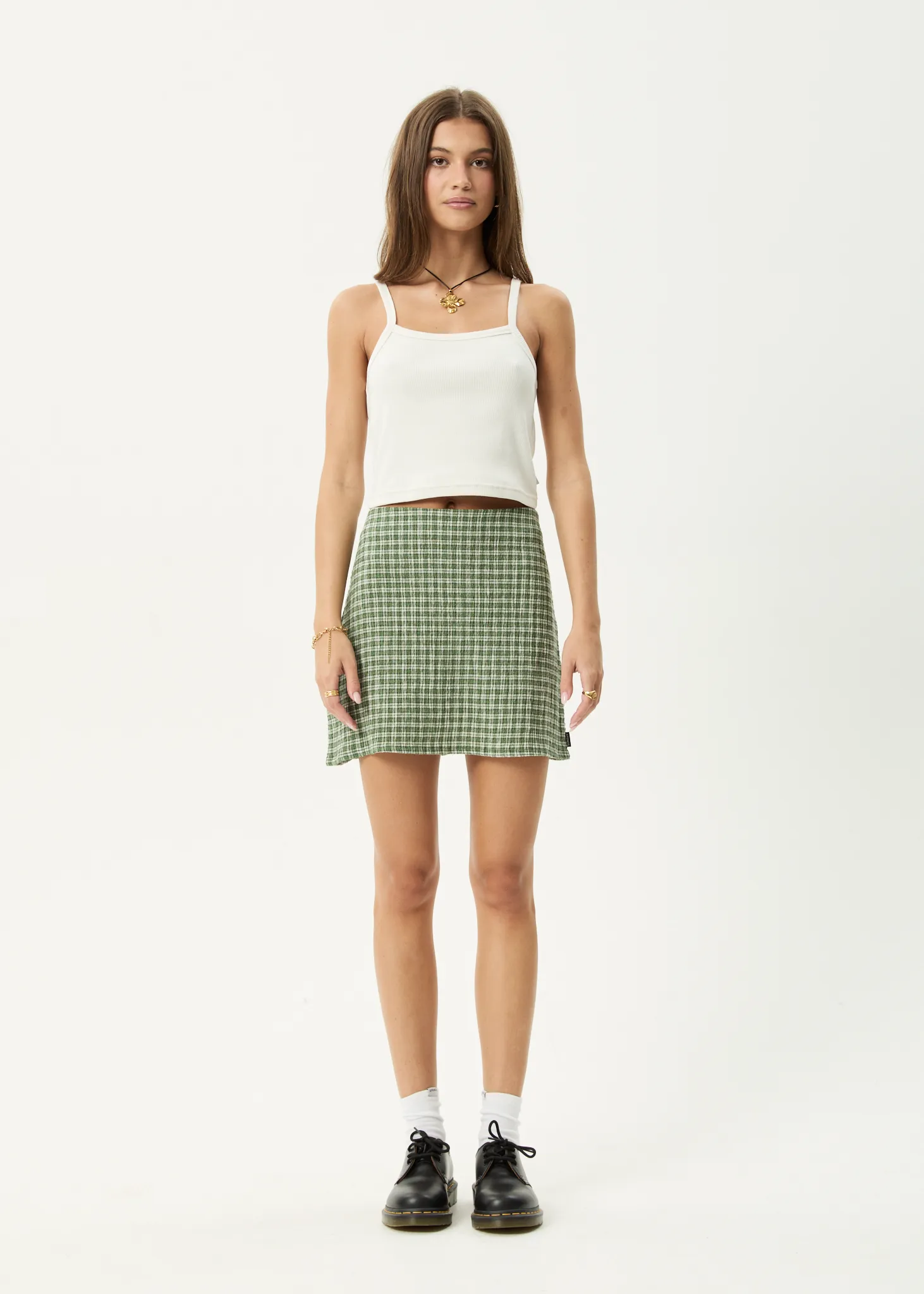 AFENDS Womens Base - Seersucker Mini Skirt - Deep Green Check sold by Afends