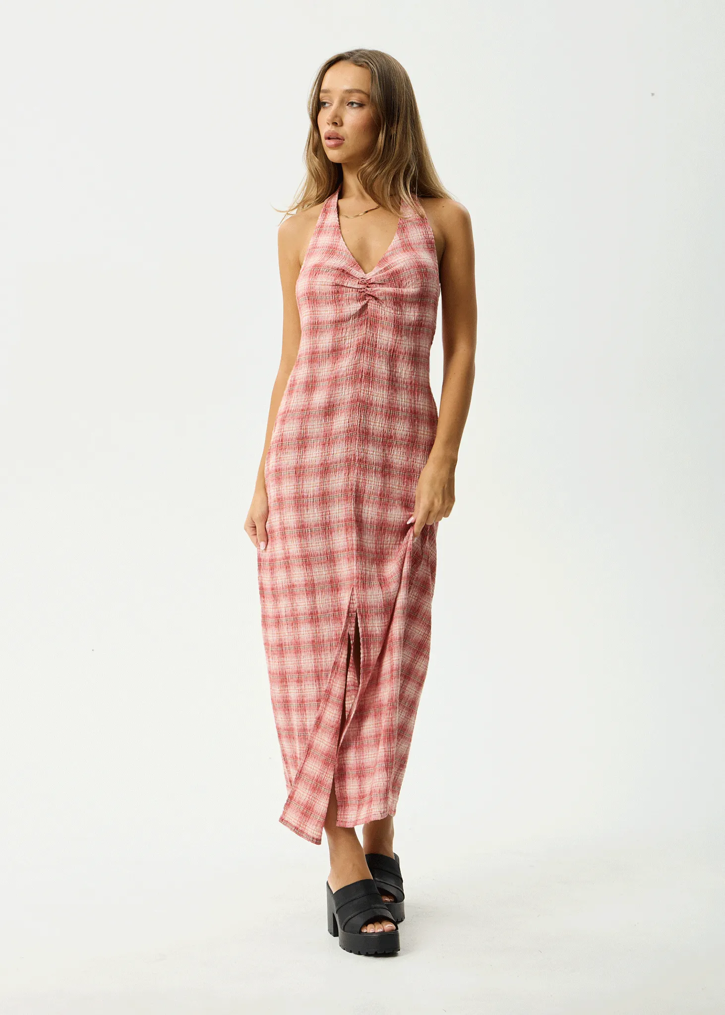 AFENDS Womens Andy - Seersucker Maxi Dress - Red Check sold by Afends