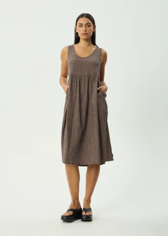 AFENDS Womens Hometown Leo - Seersucker Midi Dress - Coffee sold by Afends