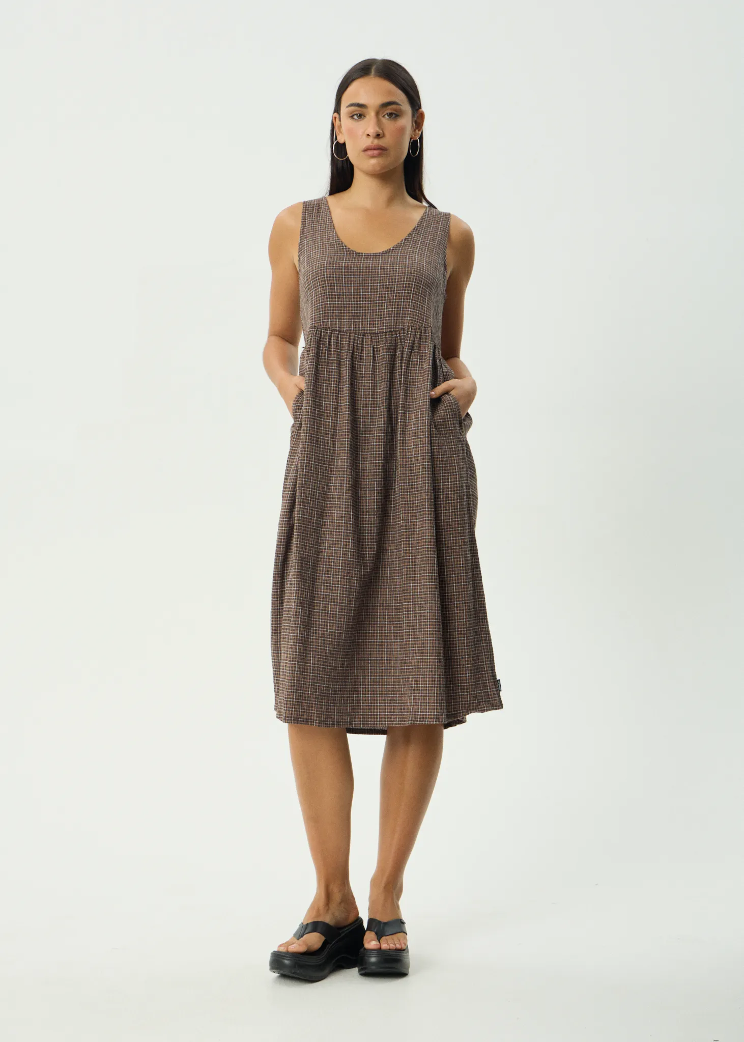 AFENDS Womens Hometown Leo - Seersucker Midi Dress - Coffee sold by Afends