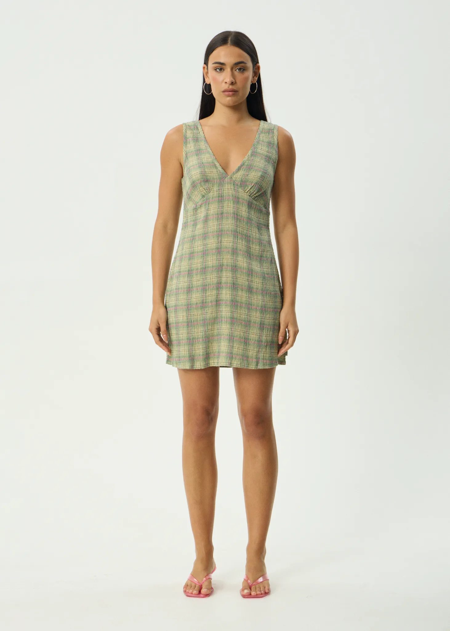 AFENDS Womens Position Grace - Seersucker Mini Dress - Green Check sold by Afends