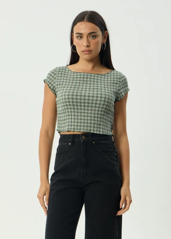 AFENDS Womens Darcy Base - Seersucker Top - Deep Green Check sold by Afends