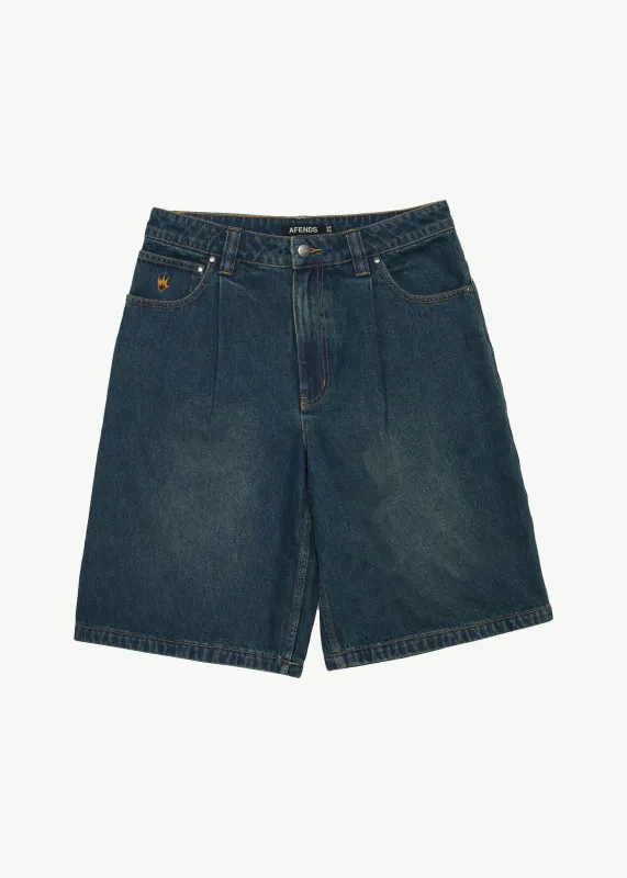 AFENDS Mens Fast Forward - Denim Ultra Baggy Pleated Short 24" - Vintage Wash sold by Afends