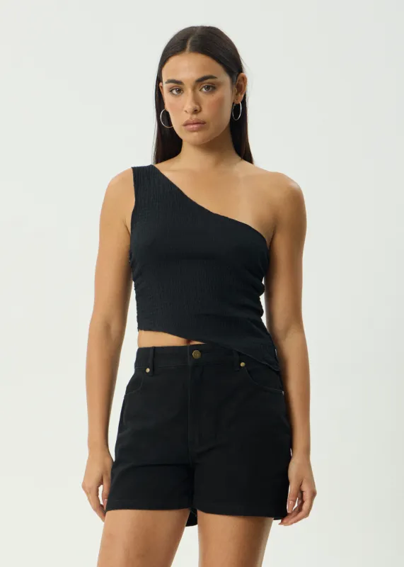 AFENDS Womens Marina - Seersucker One Shoulder Top - Black sold by Afends