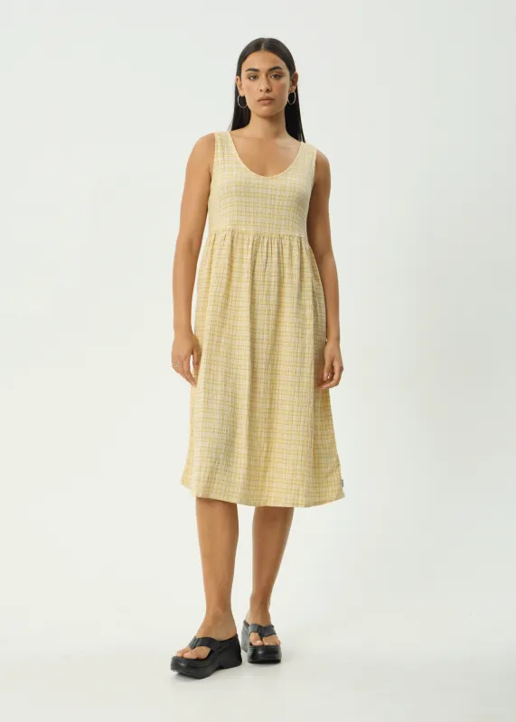 AFENDS Womens Sunday - Seersucker Check Midi Dress - Lemon Check sold by Afends