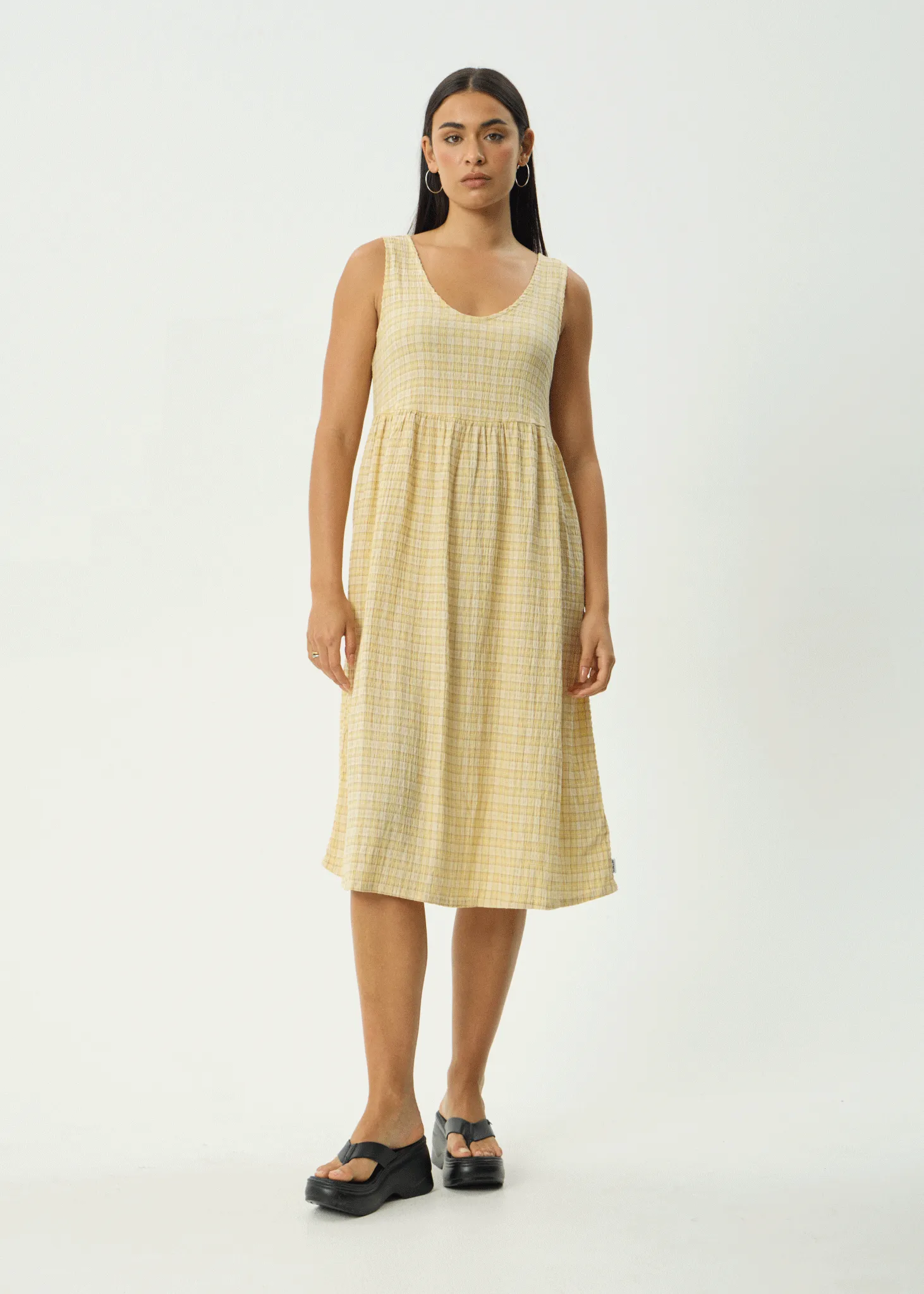AFENDS Womens Sunday - Seersucker Check Midi Dress - Lemon Check sold by Afends