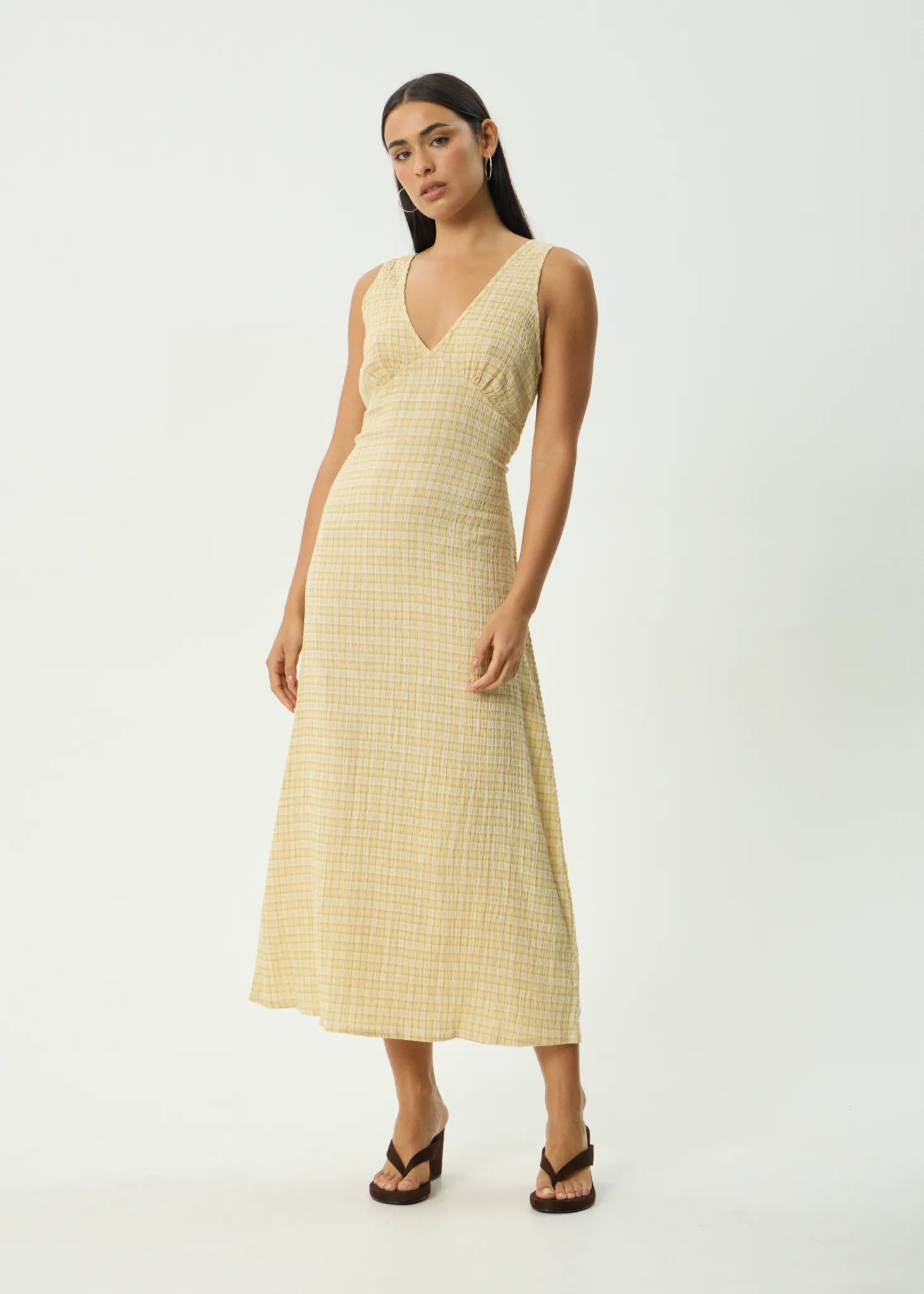 AFENDS Womens Sunday - Seersucker Check Maxi Dress - Lemon Check sold by Afends