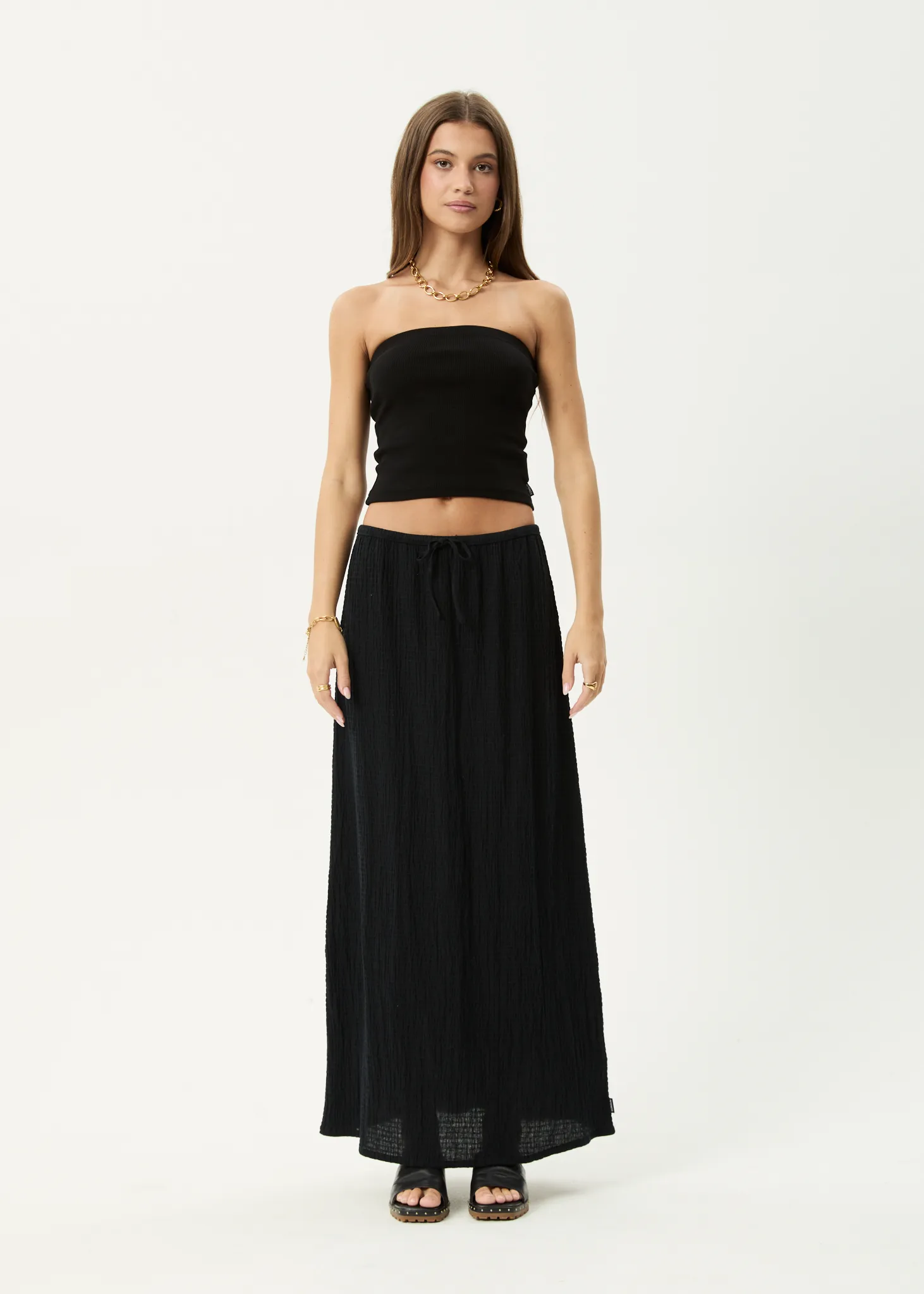 AFENDS Womens Focus - Seersucker Maxi Skirt - Black sold by Afends