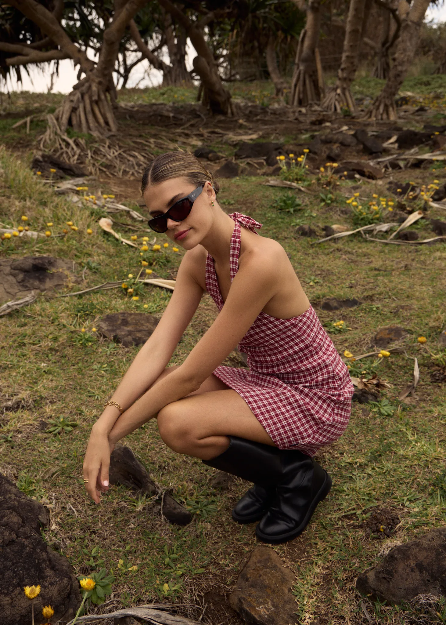 AFENDS Womens Montana - Seersucker Halter Mini Dress - Burgundy Check sold by Afends product image thumbnail 2