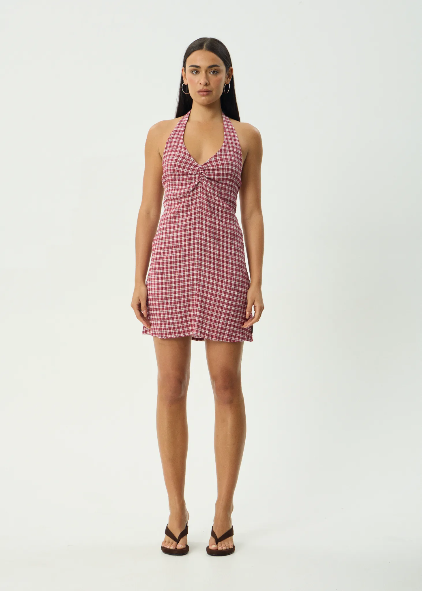 AFENDS Womens Montana - Seersucker Halter Mini Dress - Burgundy Check sold by Afends product image thumbnail 3