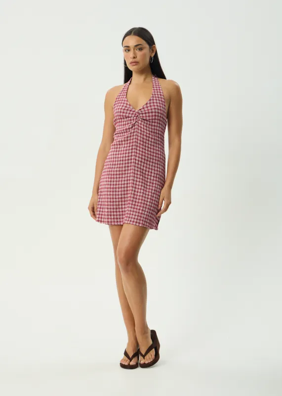 AFENDS Womens Base Montana - Seersucker Halter Mini Dress - Burgundy Check sold by Afends