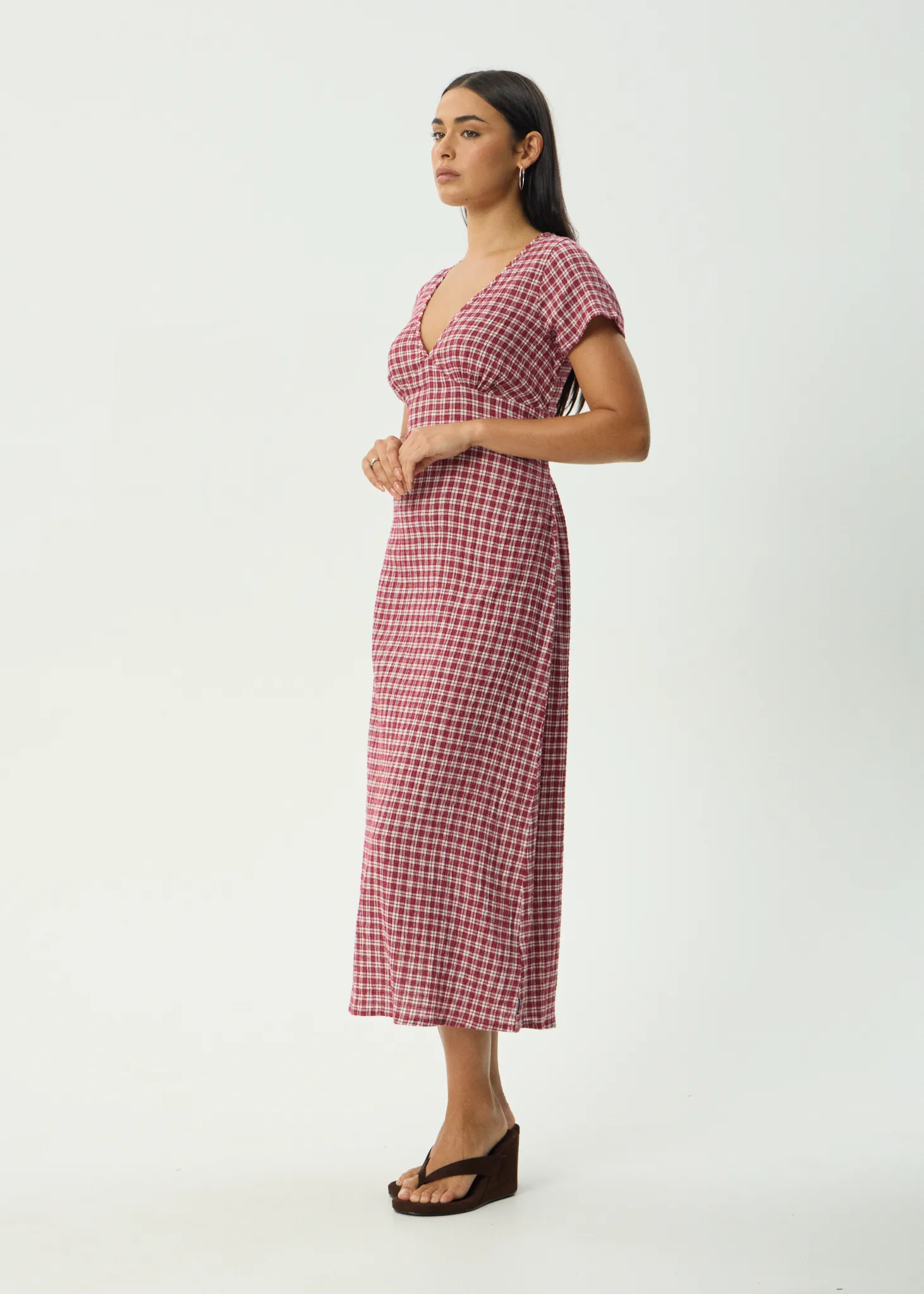 AFENDS Womens Base Maeve - Seersucker Maxi Dress - Burgundy Check sold by Afends product image thumbnail 3