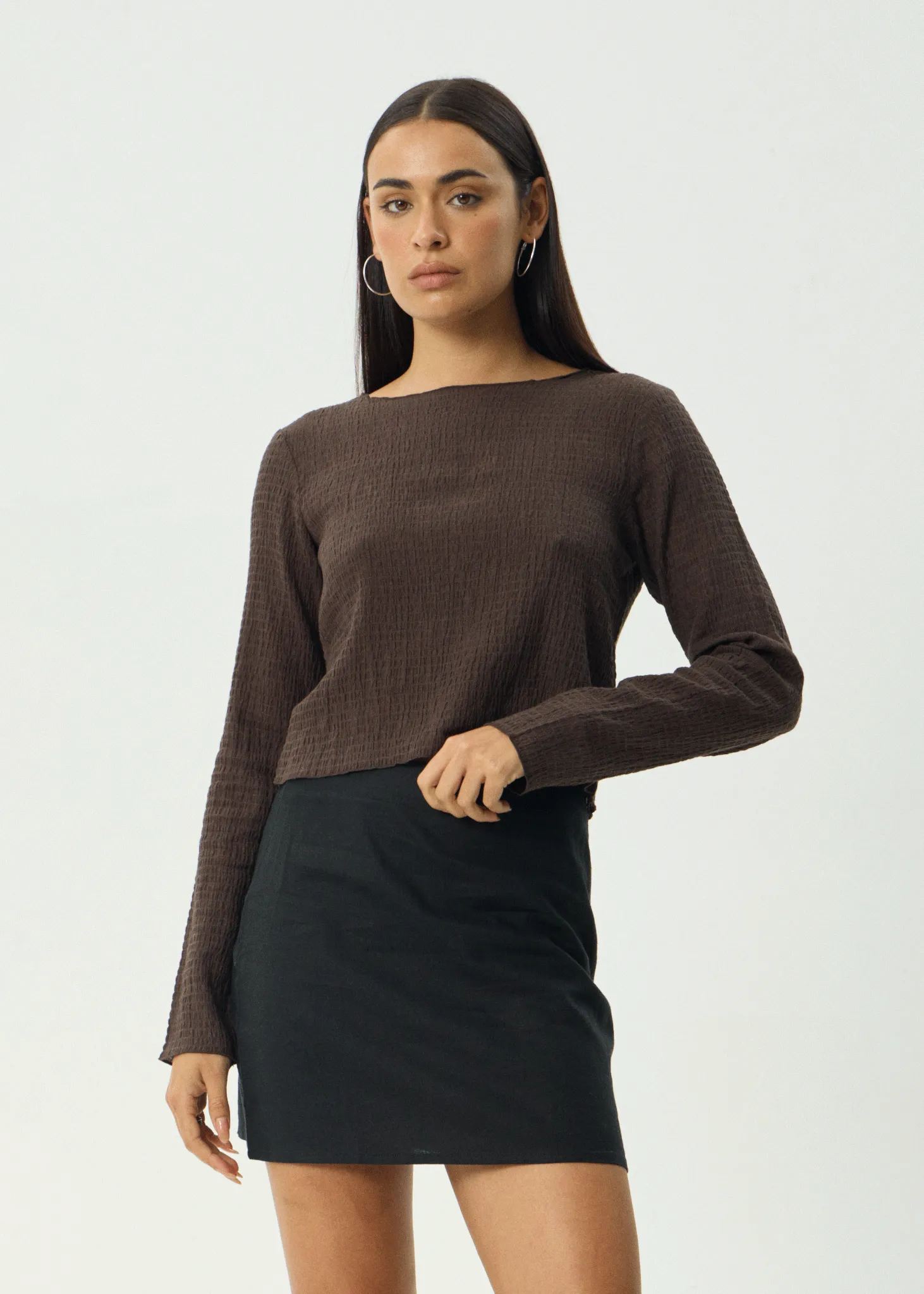 AFENDS Womens Focus - Seersucker Long Sleeve Top - Coffee sold by Afends