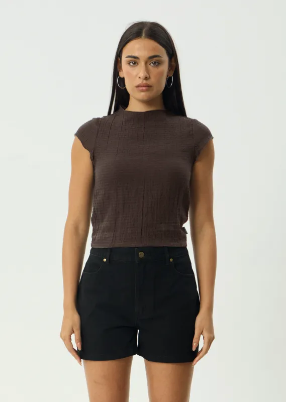 AFENDS Womens Wren - Seersucker Top - Coffee sold by Afends